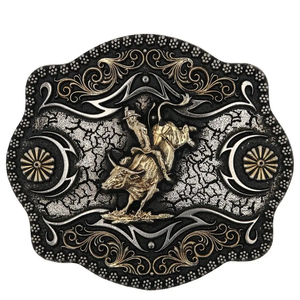 Decorative belt buckle with a bull rider design on a white background