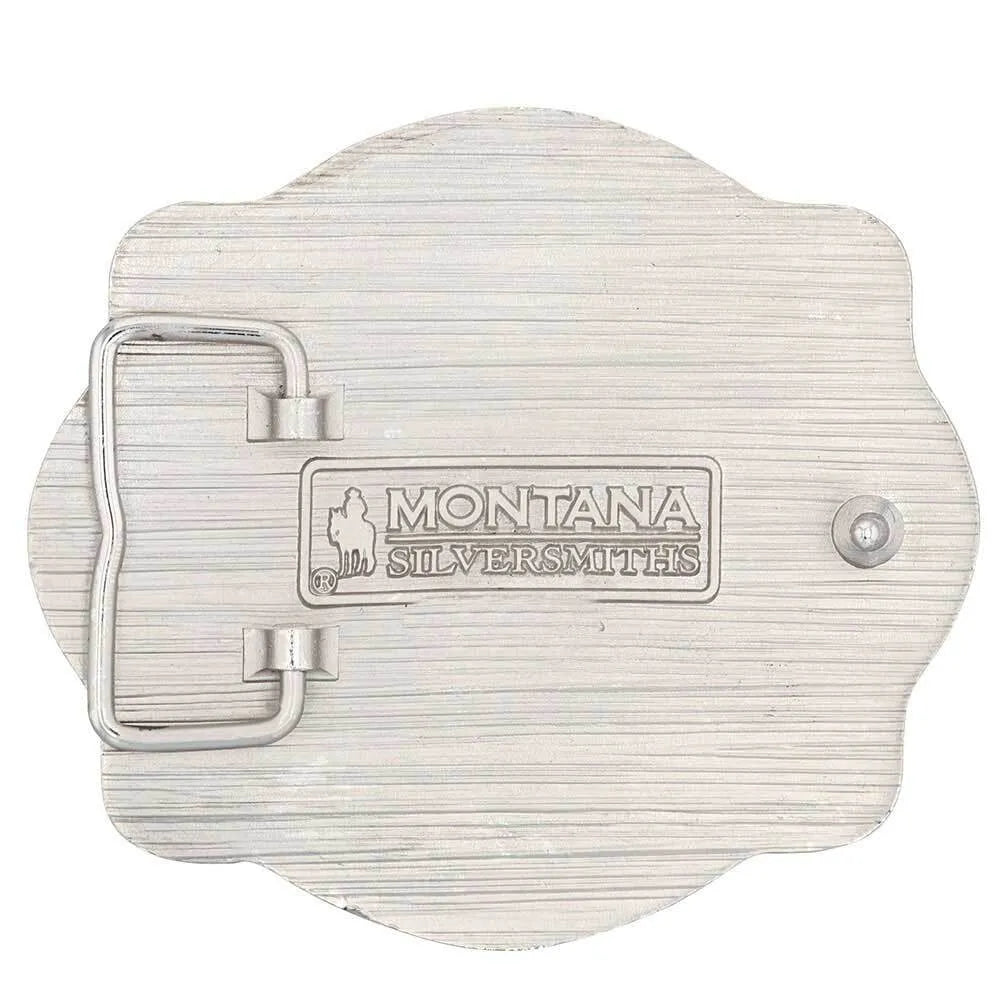 Metallic belt buckle with 'Montana Silversmiths' branding on a white background