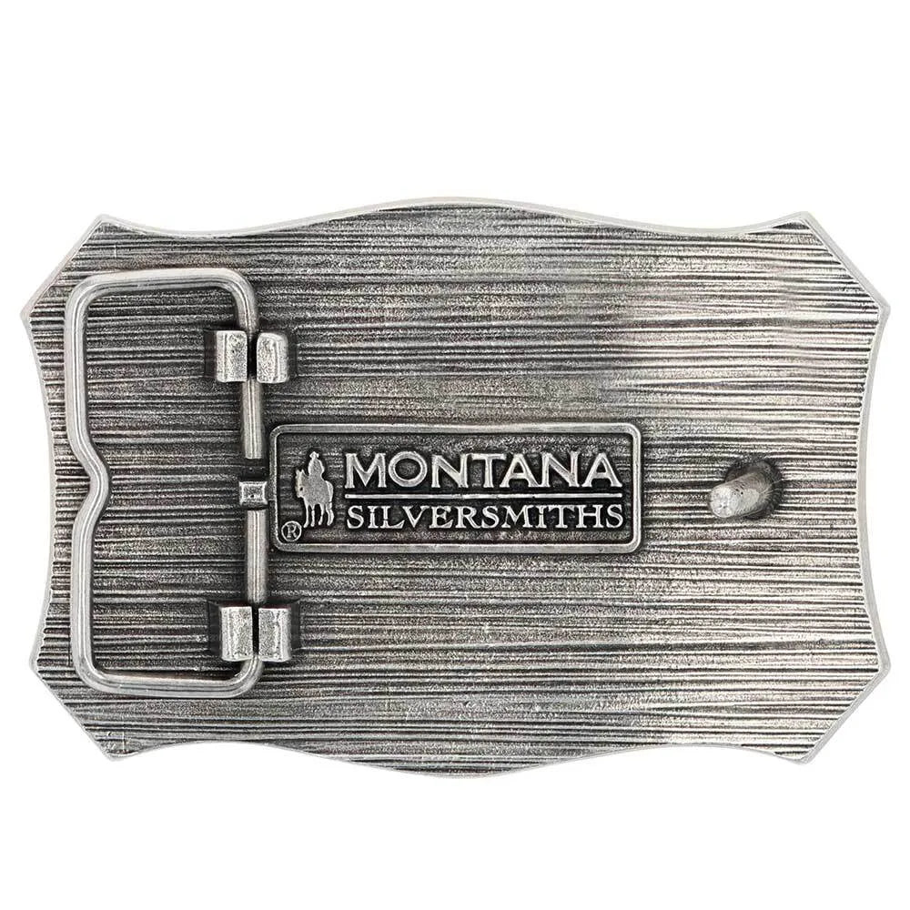 Montana Silversmith Longhorn Crest Attitude Buckle. Silver belt buckle with 'Montana Silversmiths' logo on a white background