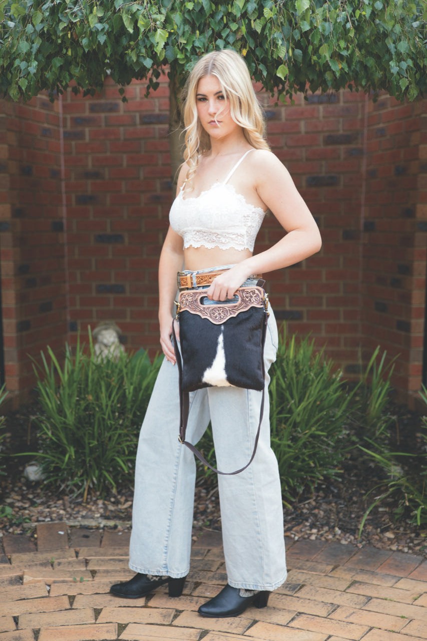 Cali Brown Tooling Leather Sling Cowhide Bag