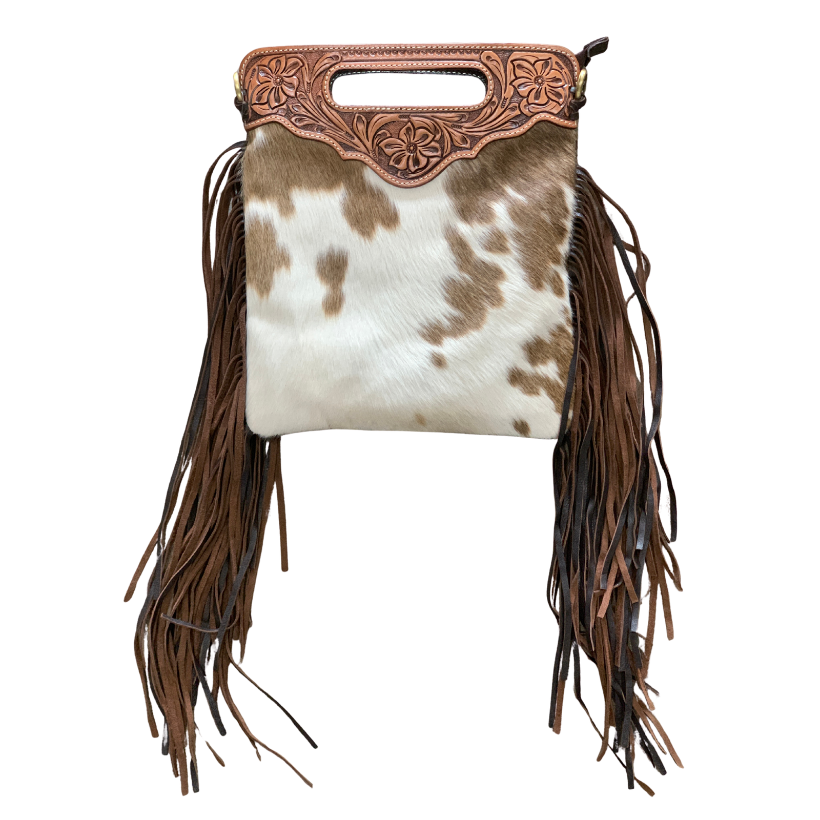 Cali Brown Tooling Leather Sling Cowhide Bag with Fringe. Cowhide handbag with brown and white pattern and leather fringe on a white background
