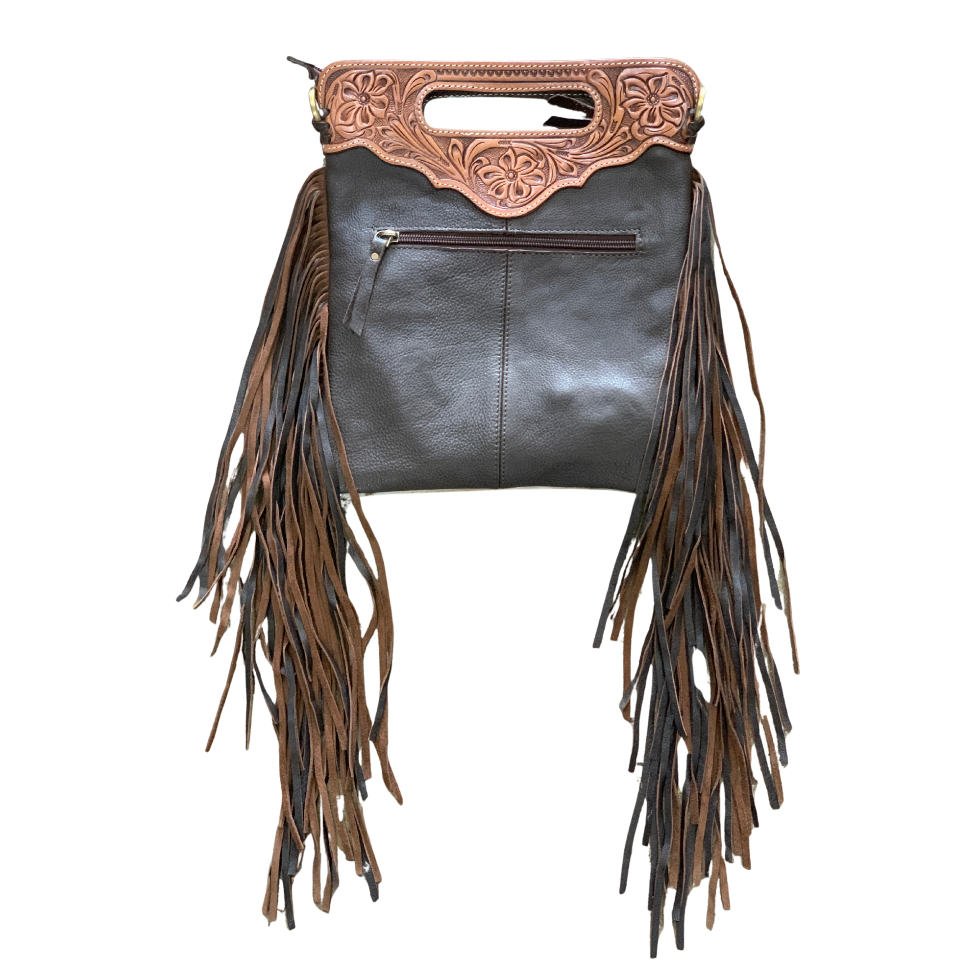 Cali Brown Tooling Leather Sling Cowhide Bag with Fringe. Cowhide handbag with brown and white pattern and leather fringe on a white background
