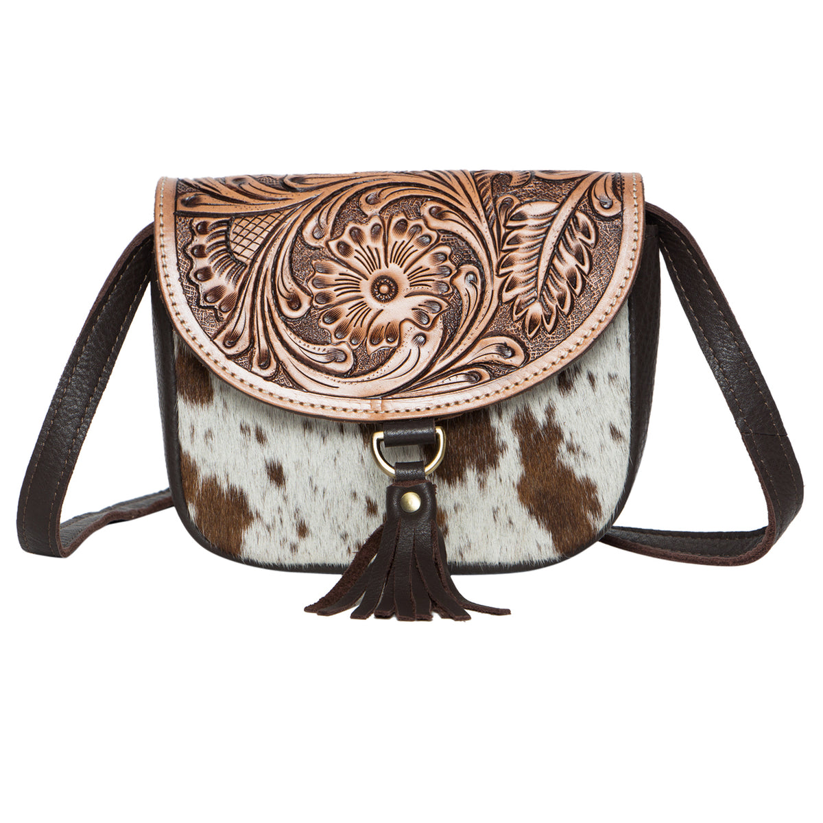 Cowhide crossbody bag with intricate leatherwork on a white background