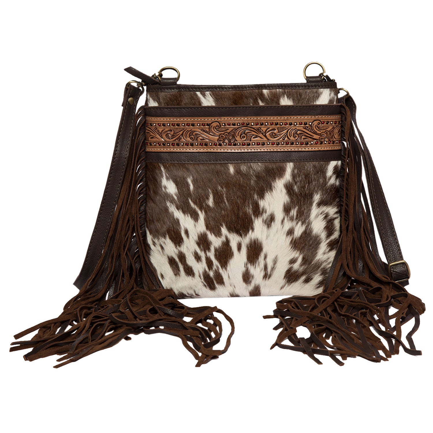Women's Tooled Cowhide Bag with Fringe
