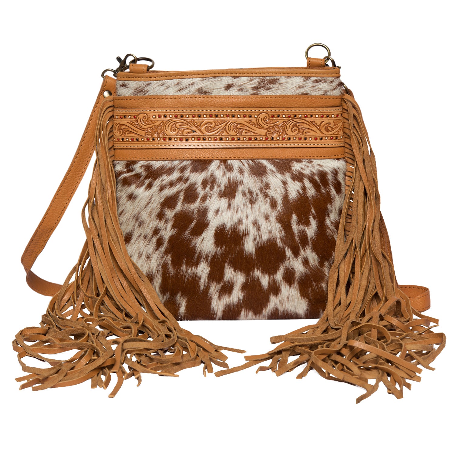 Women's Tooled Cowhide Bag with Fringe