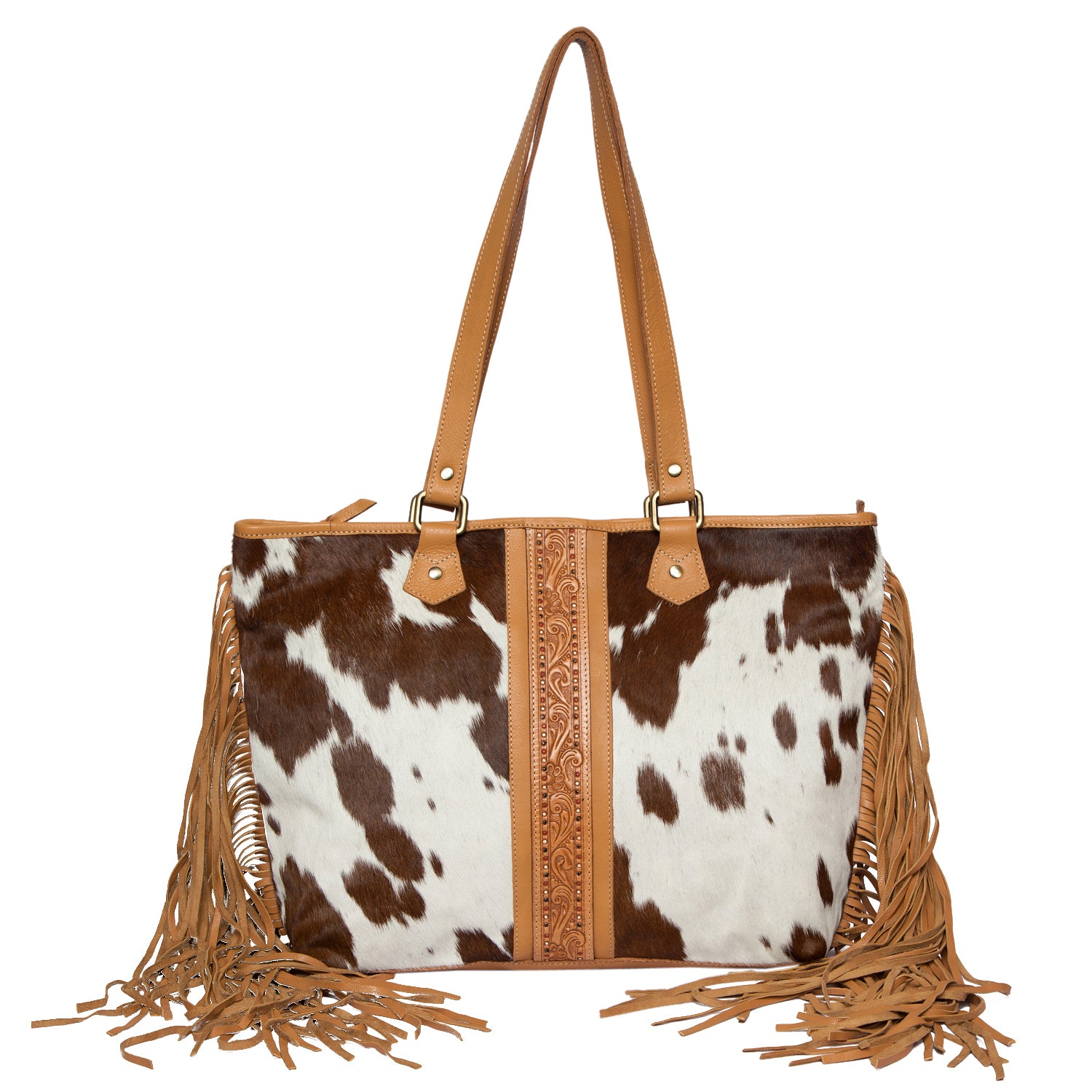 Women's Tooled Cowhide Bag with Fringe