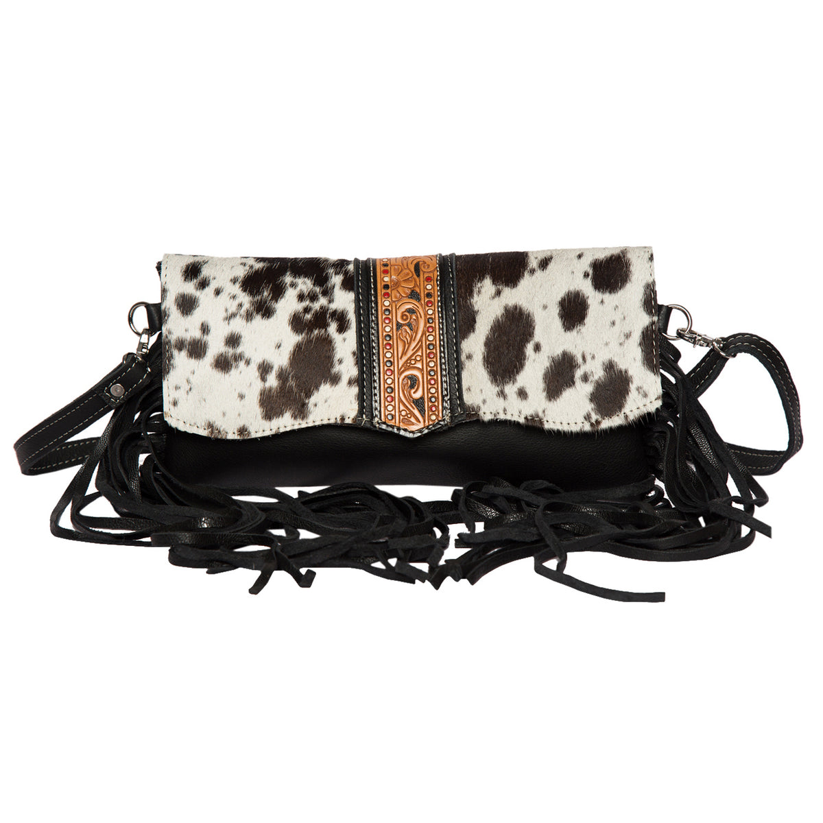 Women&#39;s Hand Painted Tooling Leather Flap Cowhide Bag With Fringes