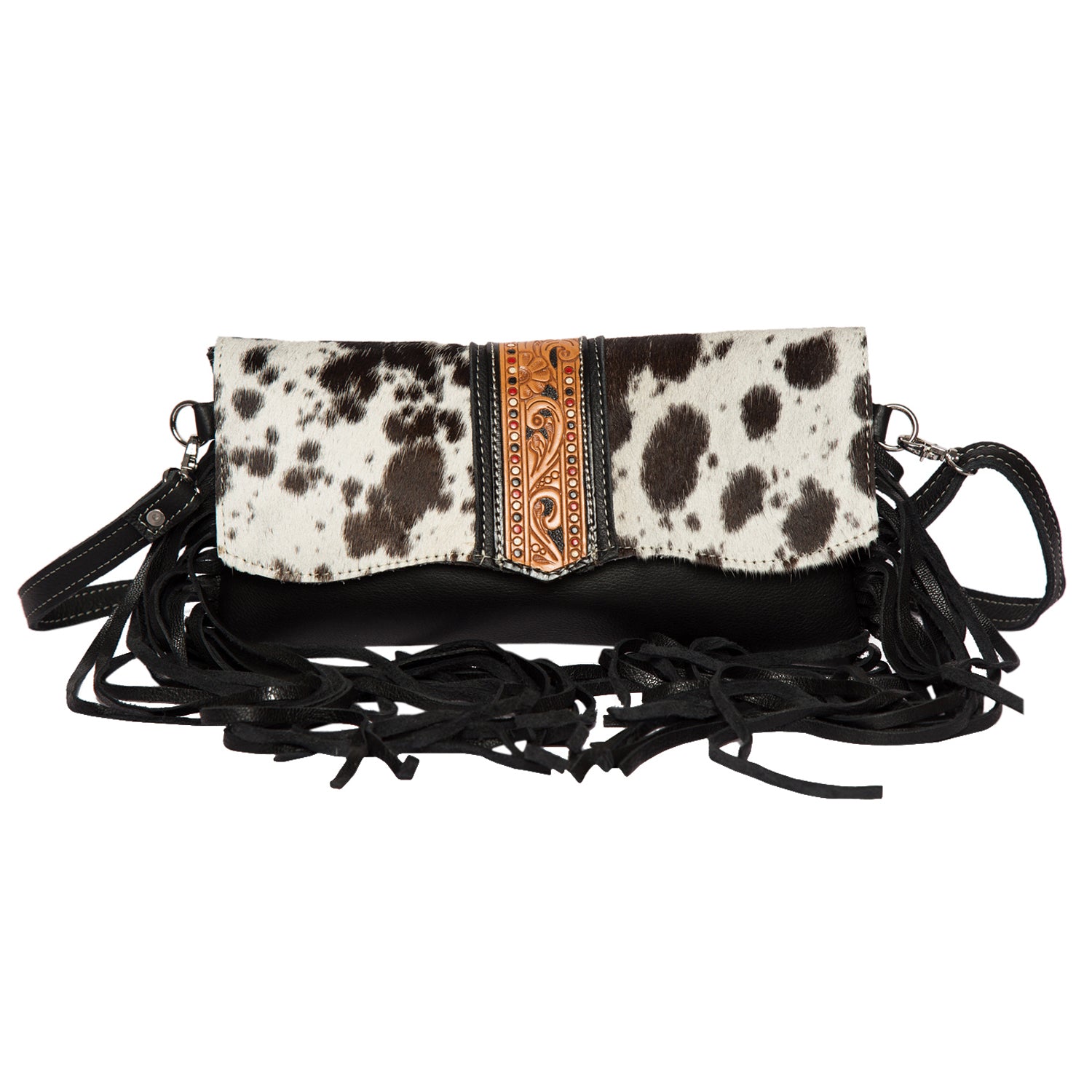Women's Hand Painted Tooling Leather Flap Cowhide Bag With Fringes