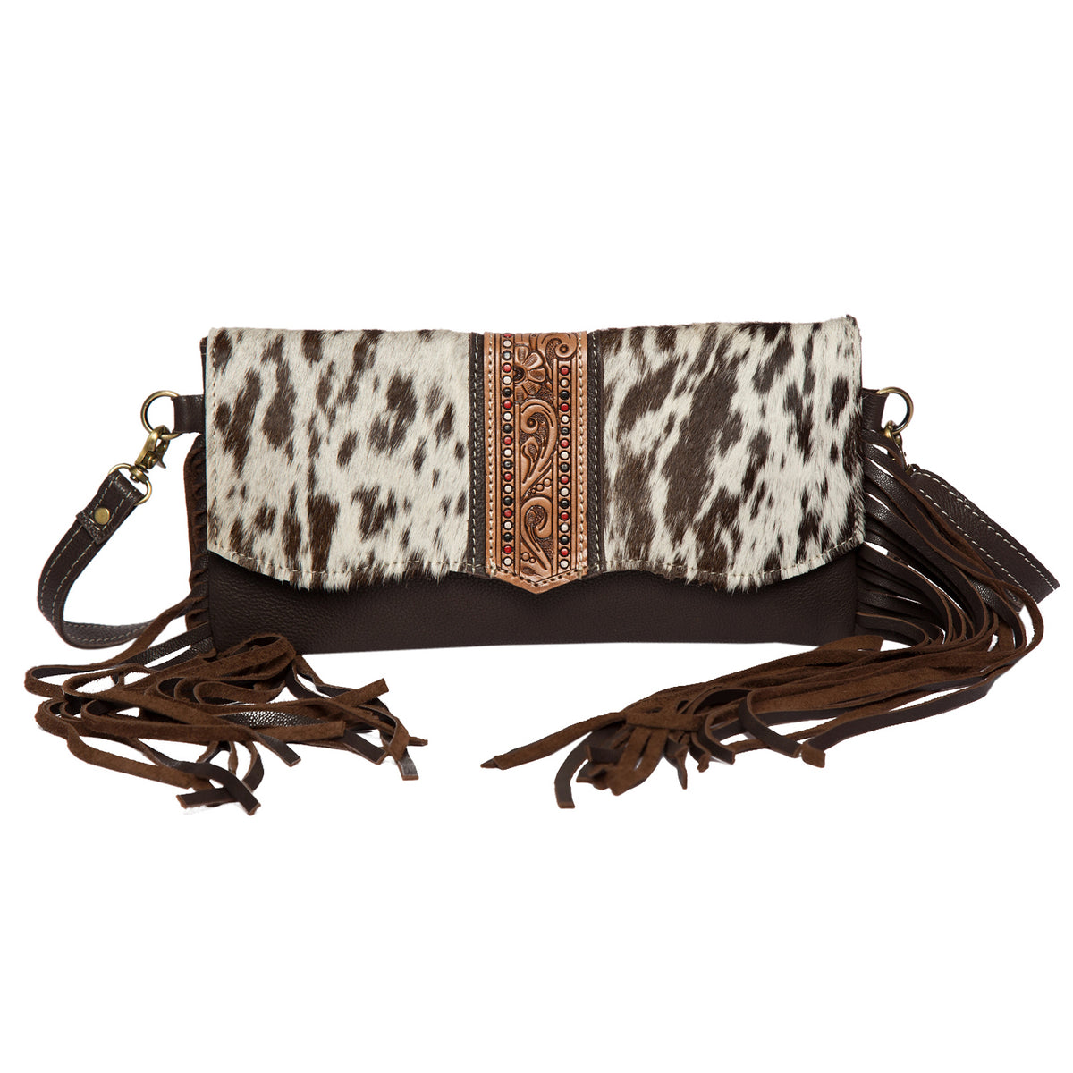 Women&#39;s Hand Painted Tooling Leather Flap Cowhide Bag With Fringes