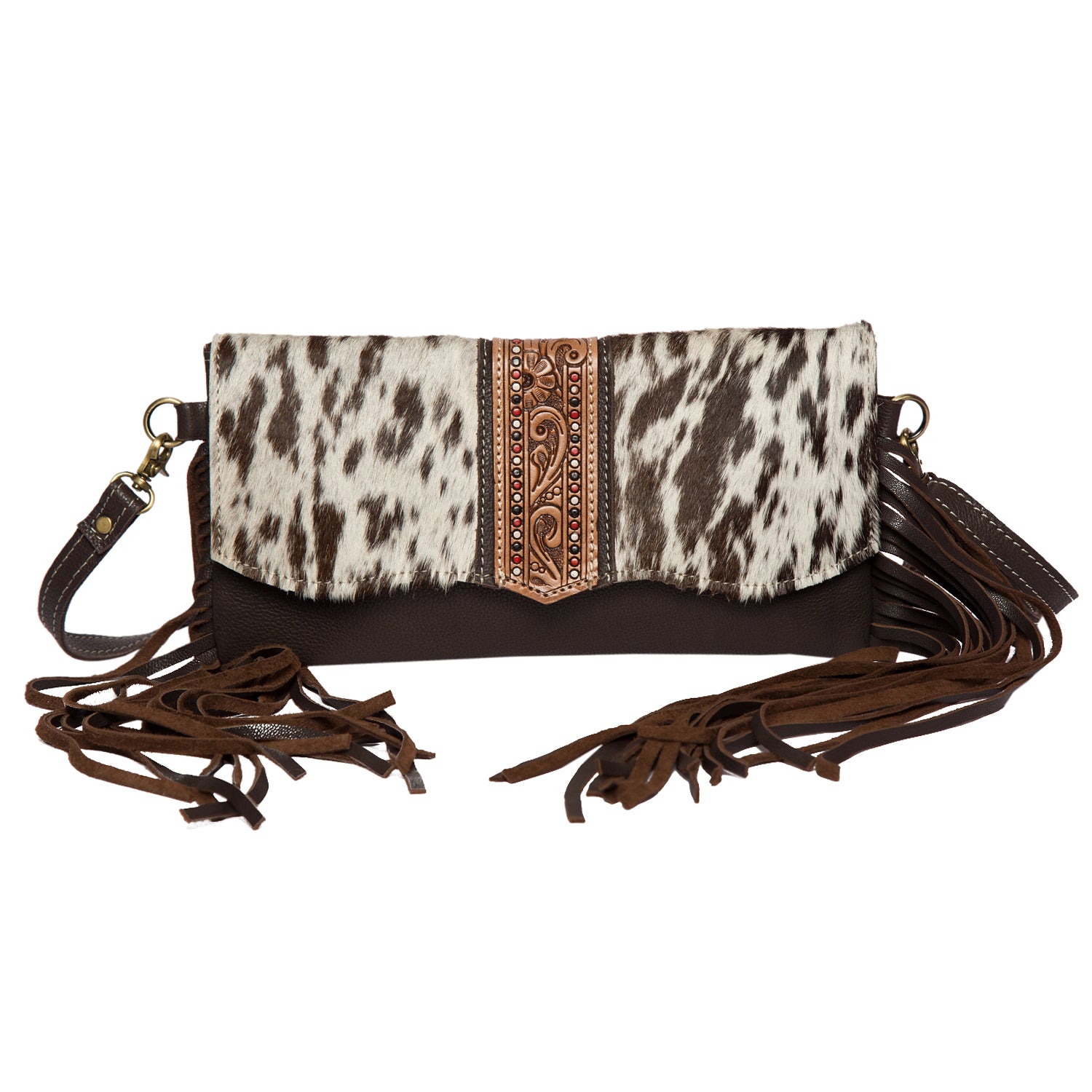 Women's Hand Painted Tooling Leather Flap Cowhide Bag With Fringes
