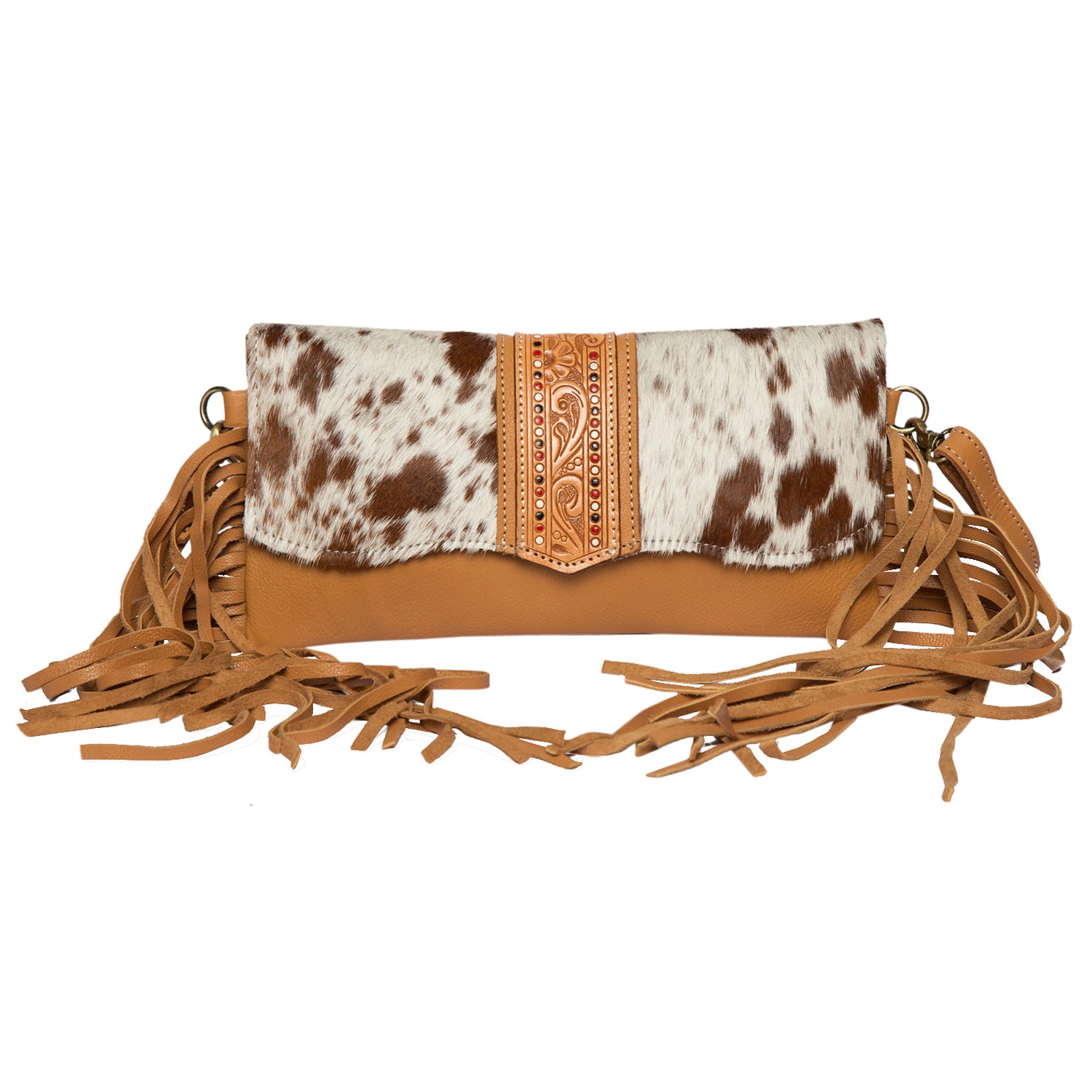 Women's Hand Painted Tooling Leather Flap Cowhide Bag With Fringes