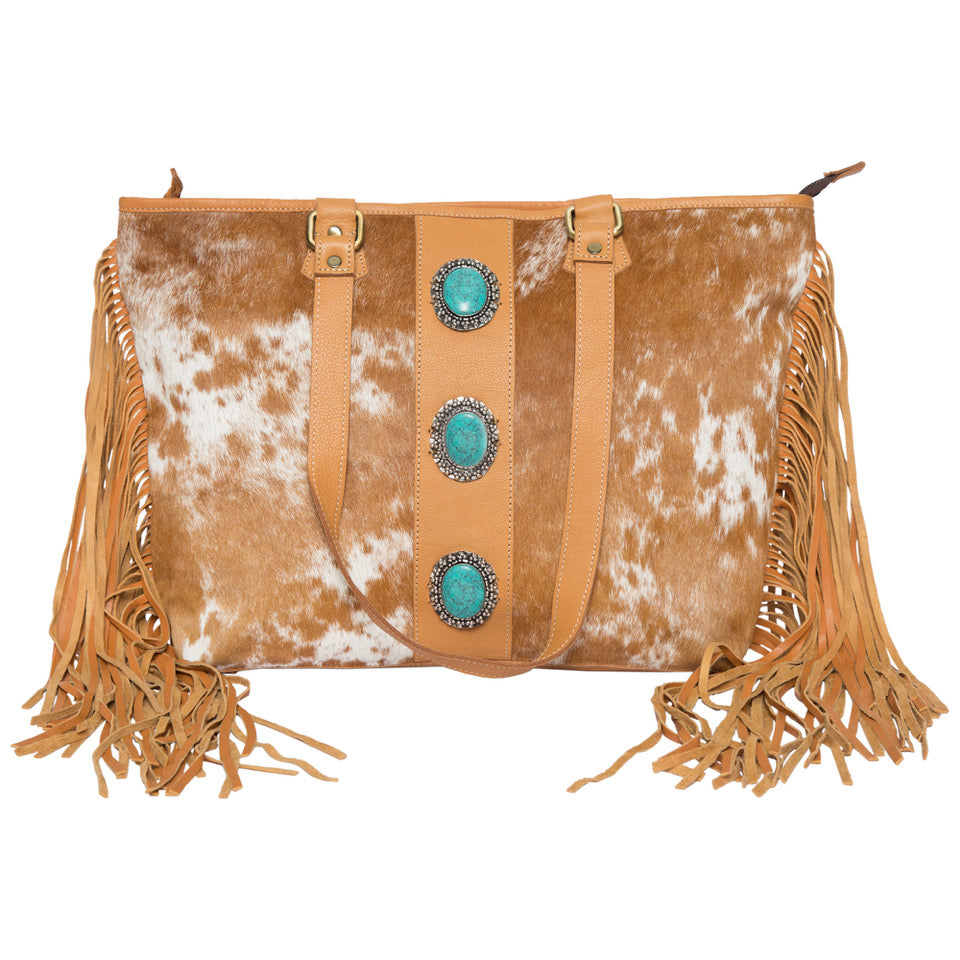 Women's Big Cowhide Bag With Turquoise Stonework and Fringes