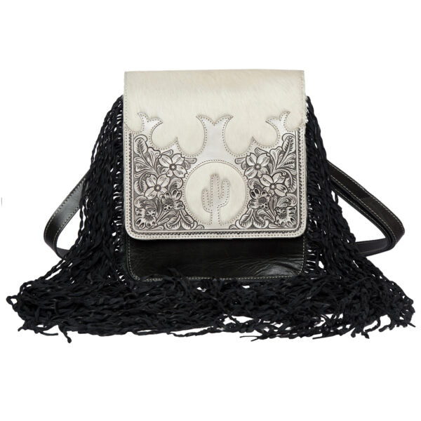 Women's Tooling Leather Flap Sling Cowhide Bag With Fringes. Handbag with black fringe and floral embroidery on a white background