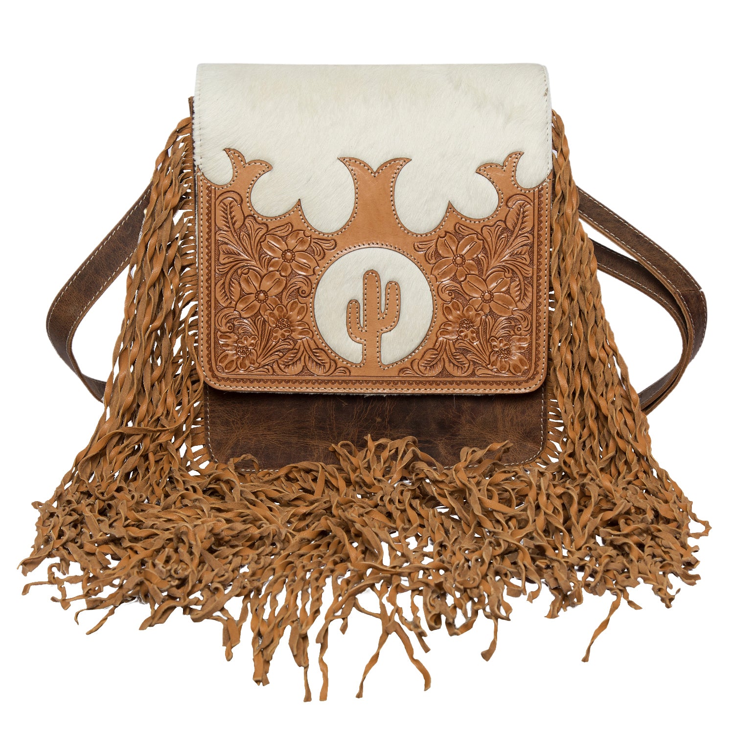 Women's Tooling Leather Flap Sling Cowhide Bag With Fringes. A medium-sized cowhide sling bag with intricate hand tooling details, fringes on the sides, and a detachable shoulder strap.