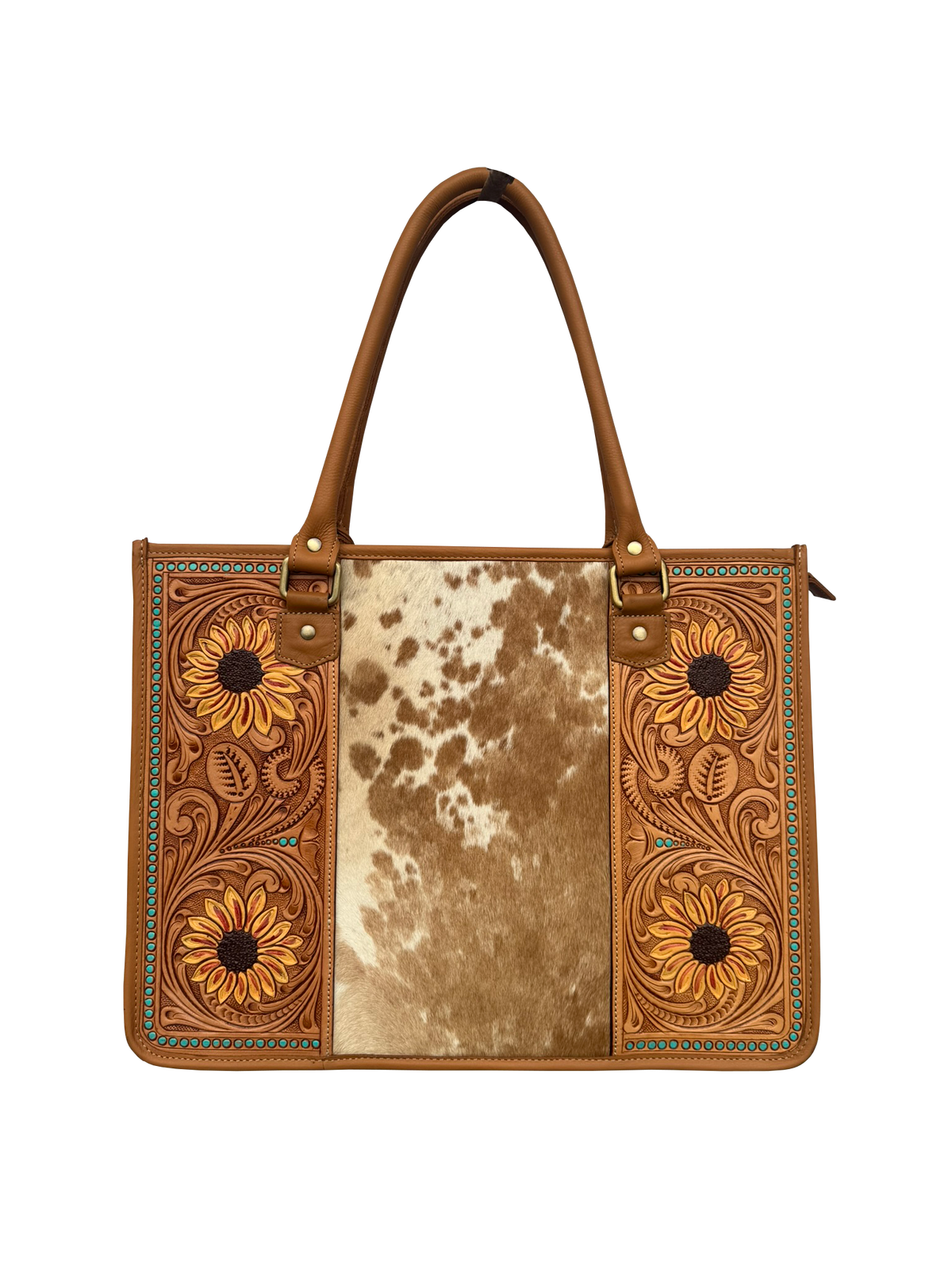 Cowhide Sunflower Tooling Leather Big Bag. Handbag with floral tooled leather design and cowhide pattern on a white background