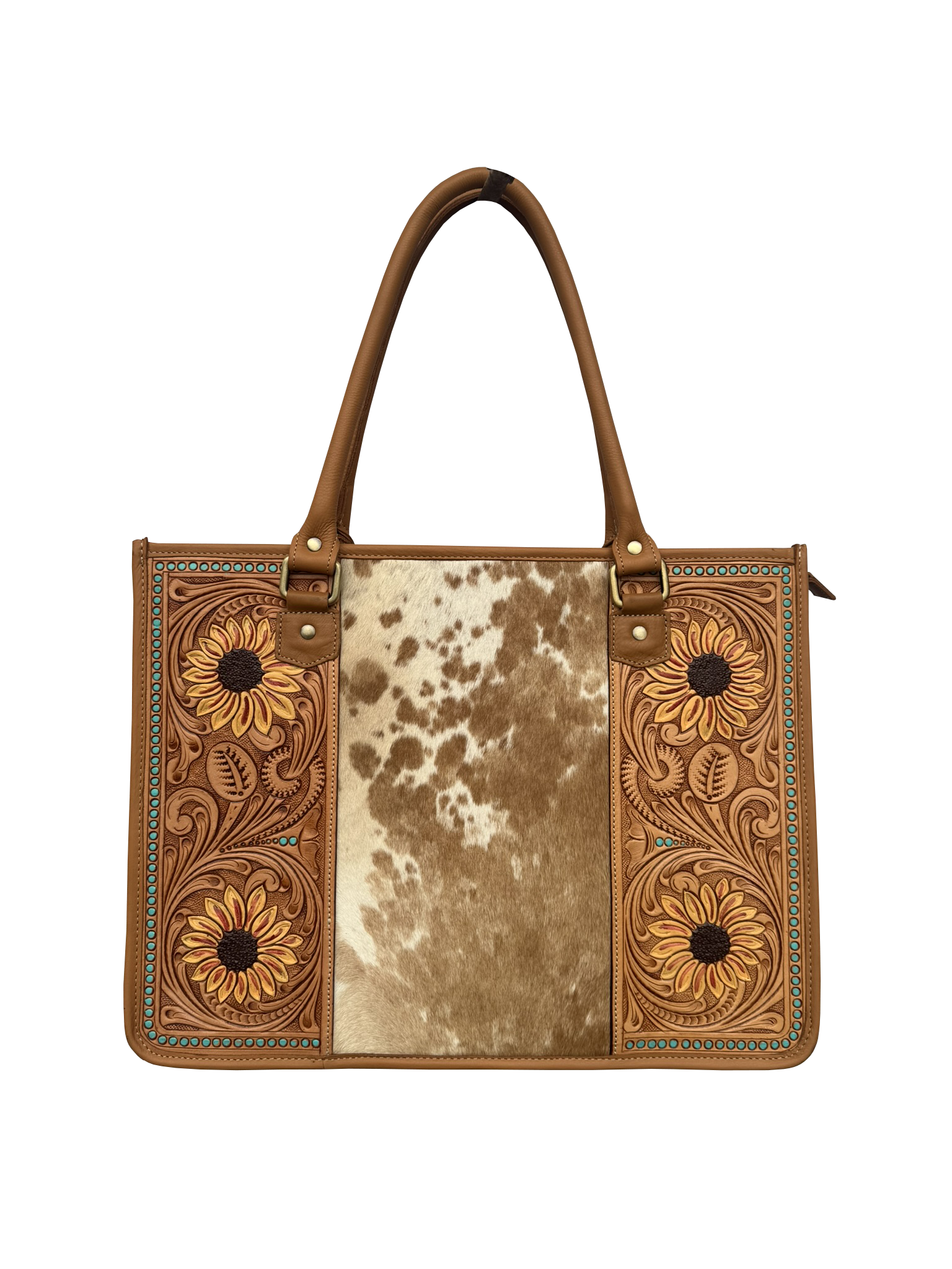 Cowhide Sunflower Tooling Leather Big Bag. Handbag with floral tooled leather design and cowhide pattern on a white background