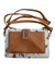 Cowhide Sunflower Tooling Leather Wallet Bag. Brown and white cowhide handbag with floral tooled design on a white background