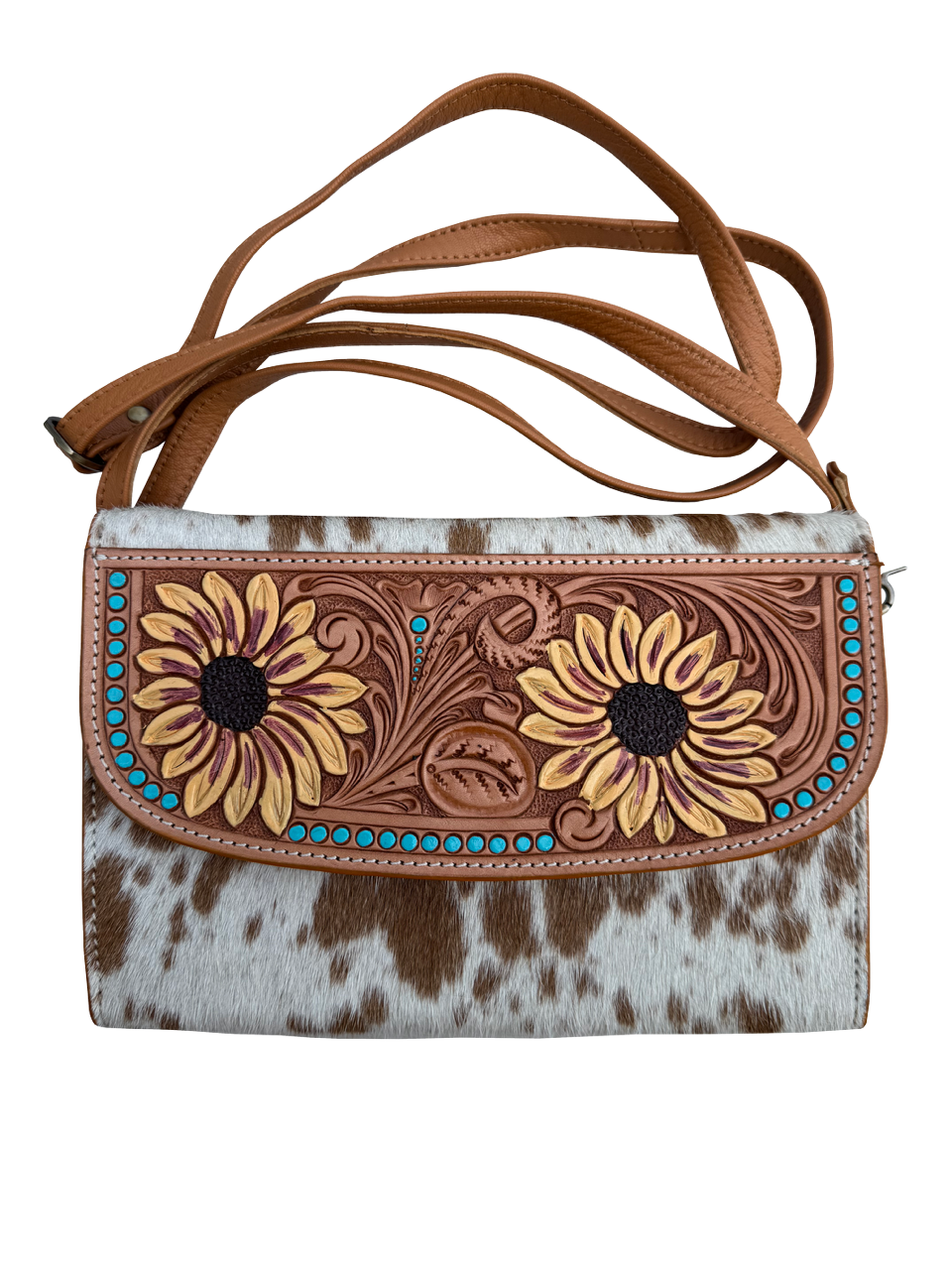 Cowhide Sunflower Tooling Leather Wallet Bag. Brown and white cowhide handbag with floral tooled design on a white background