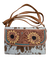 Cowhide Sunflower Tooling Leather Wallet Bag. Brown and white cowhide handbag with floral tooled design on a white background