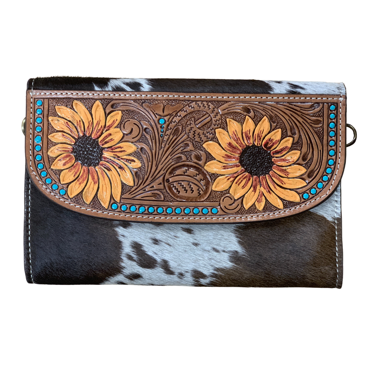 Cowhide Sunflower Tooling Leather Brown Wallet Bag. Handbag with sunflower design and cowhide pattern on a white background