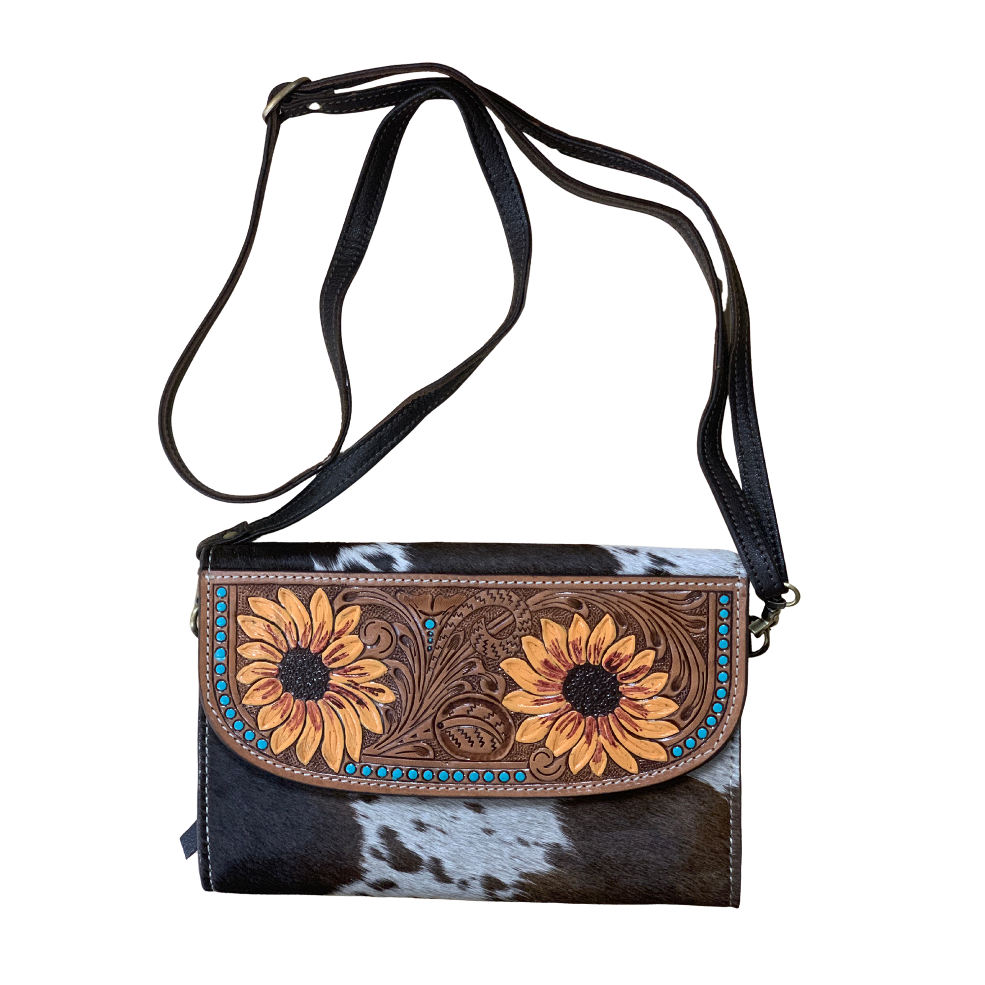 Cowhide Sunflower Tooling Leather Brown Wallet Bag. Crossbody bag with sunflower design and cowhide pattern on a white background