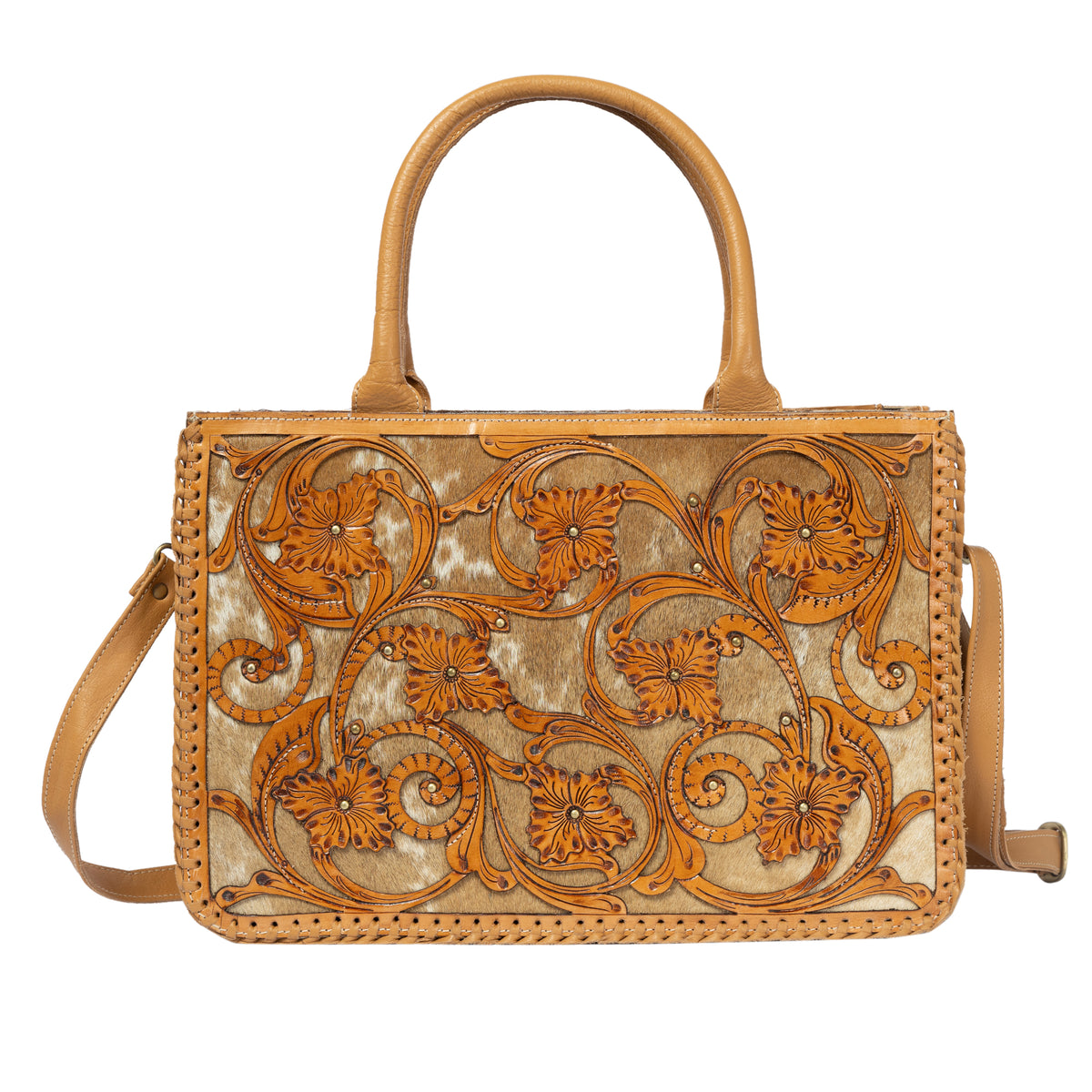 Sicily Tan Cowhide Big Bag with Tooled Cutwork