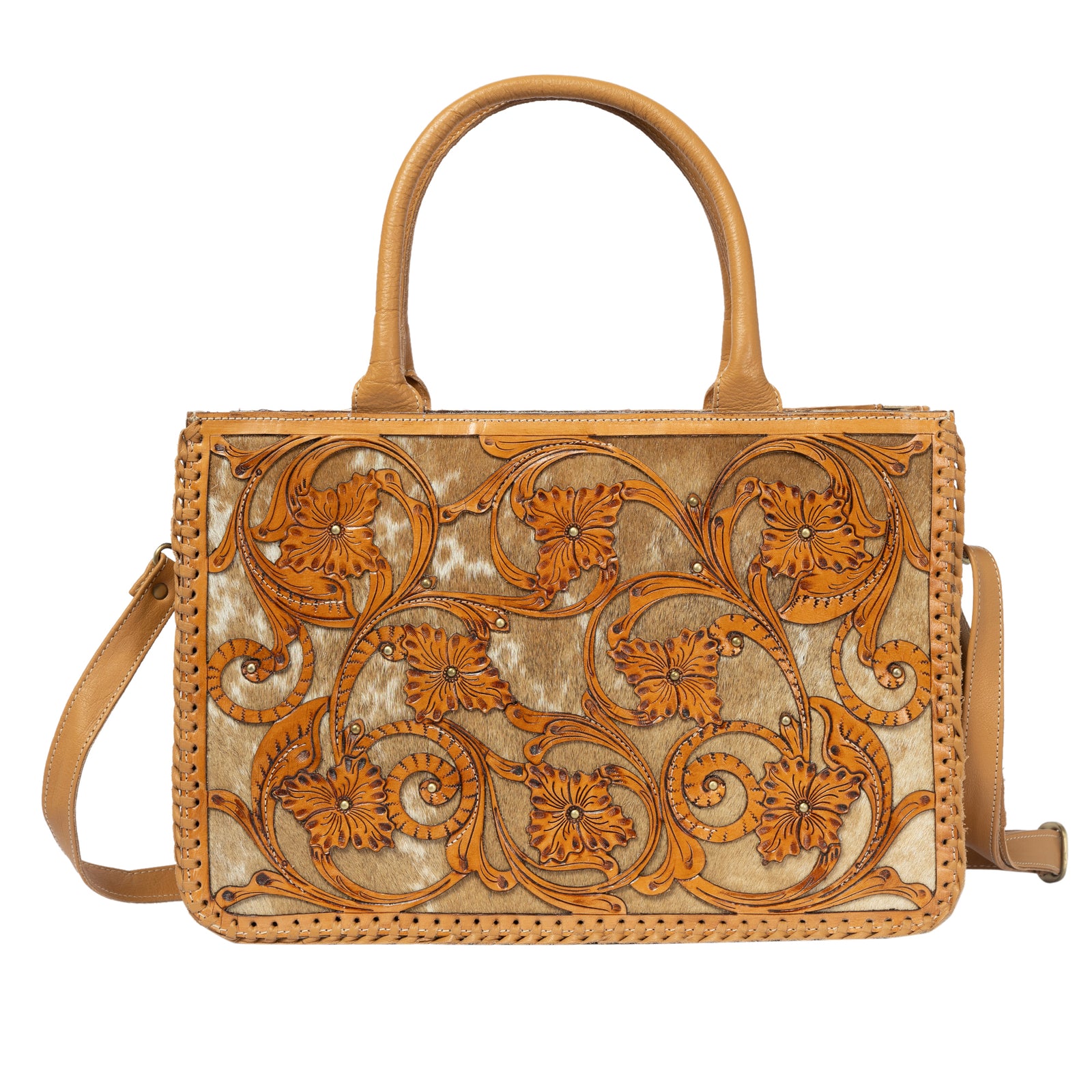 Sicily Tan Cowhide Big Bag with Tooled Cutwork