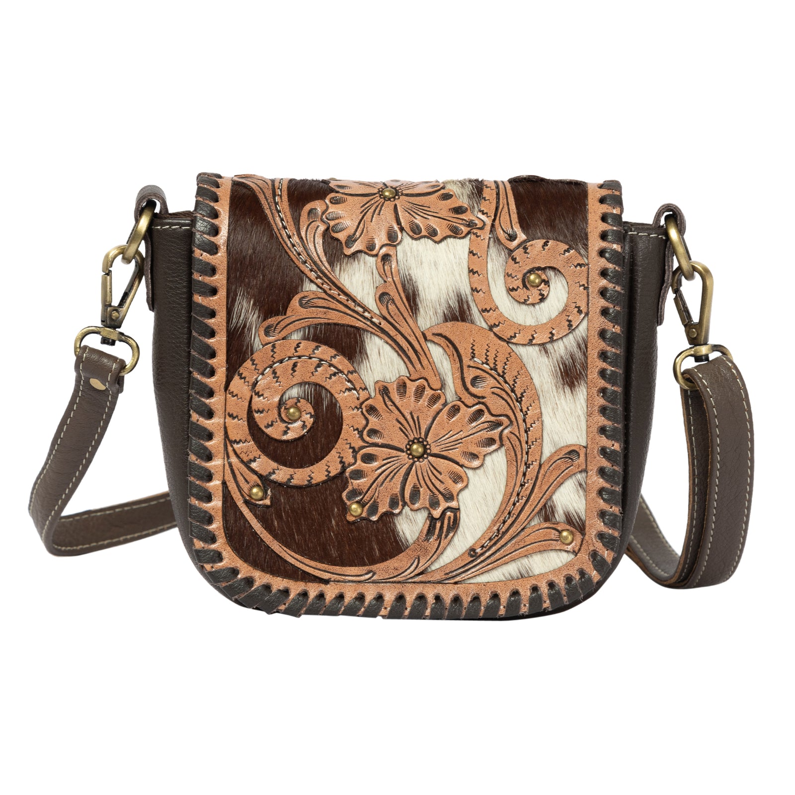 Brown leather crossbody bag with floral patterns on a white background