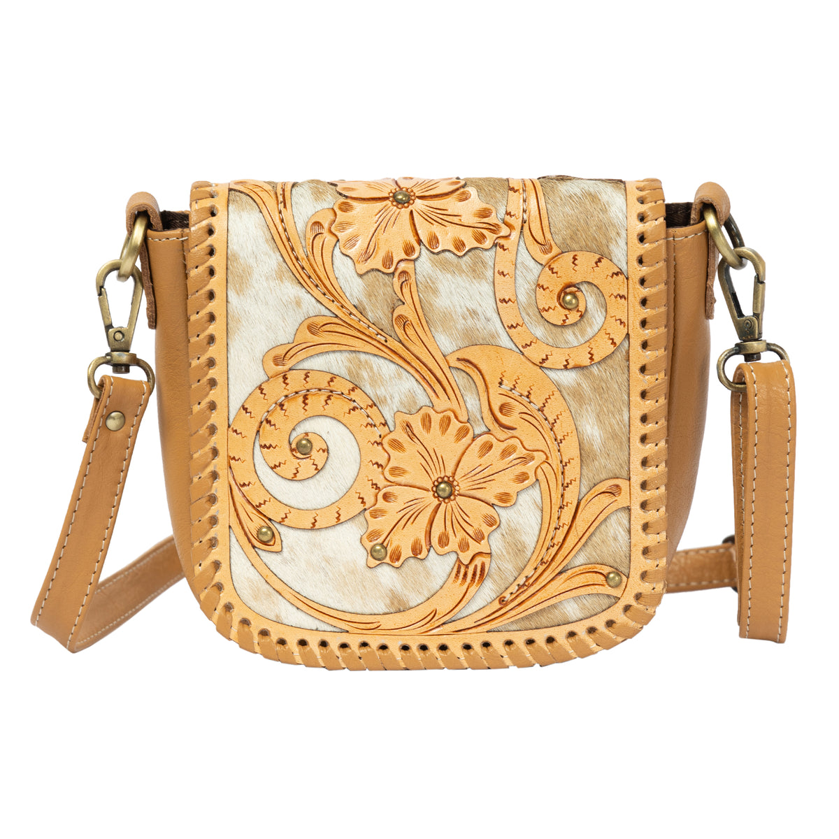 Catania Tan Cowhide Flap Bag with Tooled Cutwork