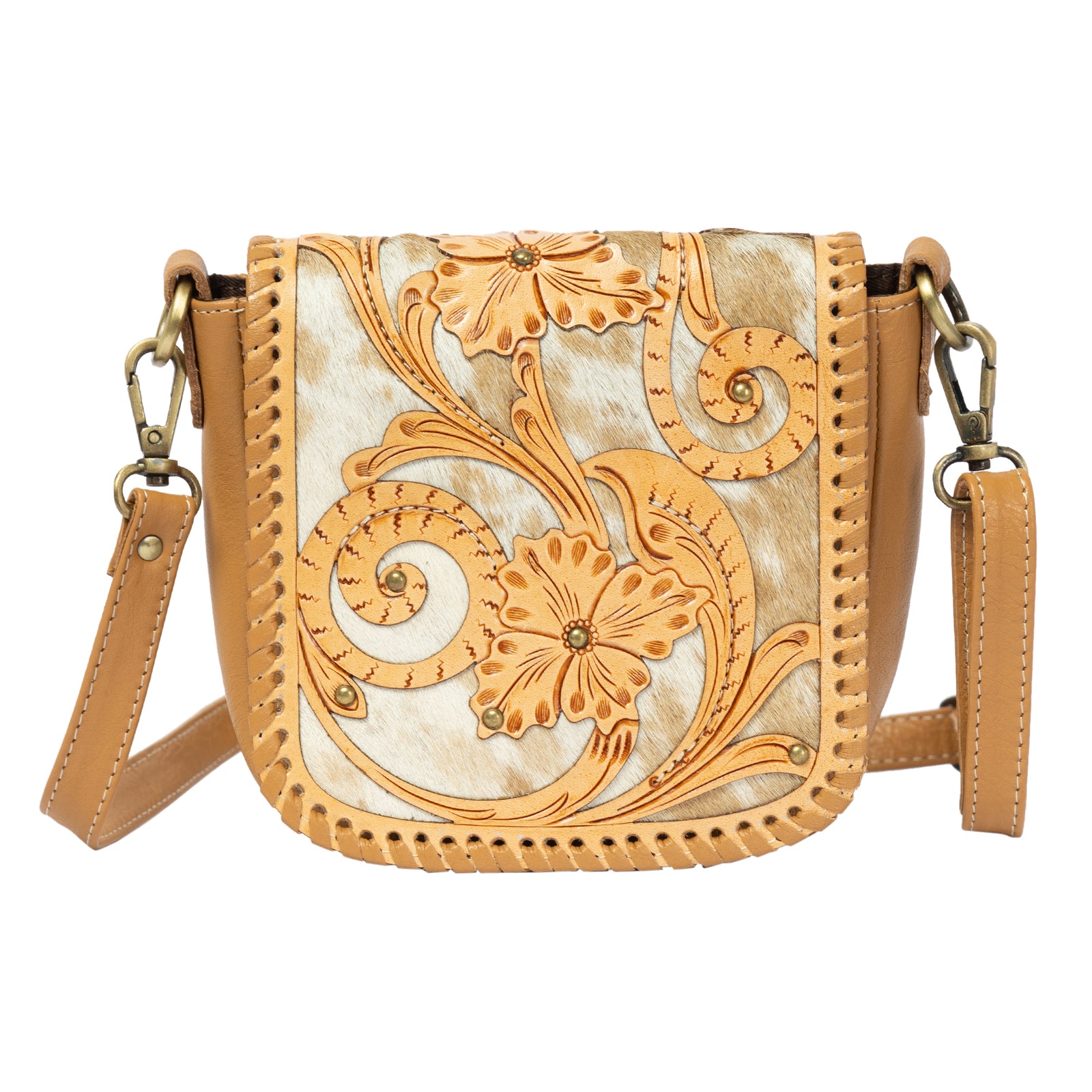 Catania Tan Cowhide Flap Bag with Tooled Cutwork