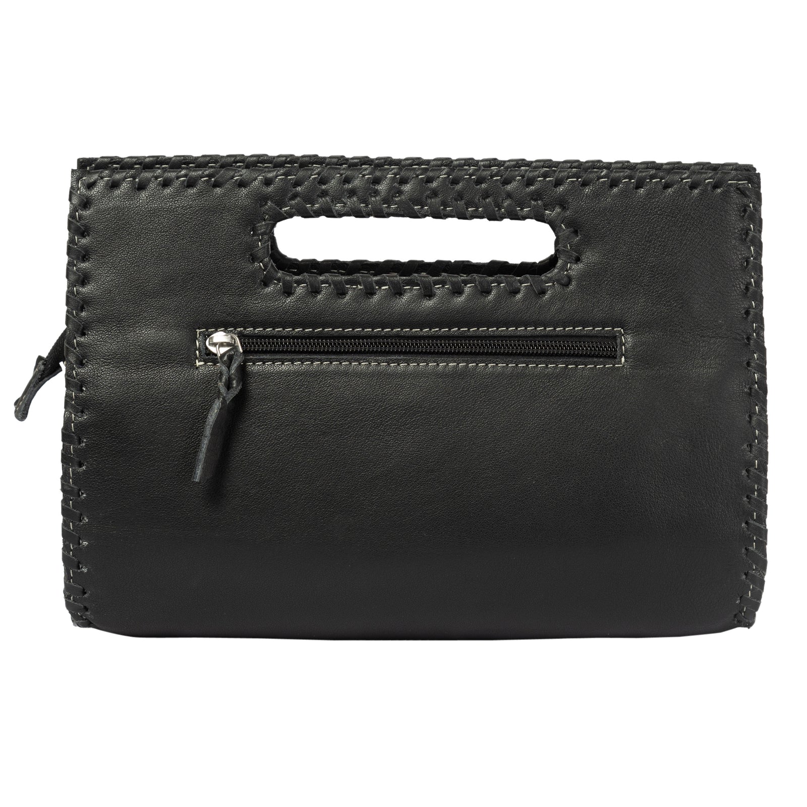 Black floral embroidery clutch bag on a white background