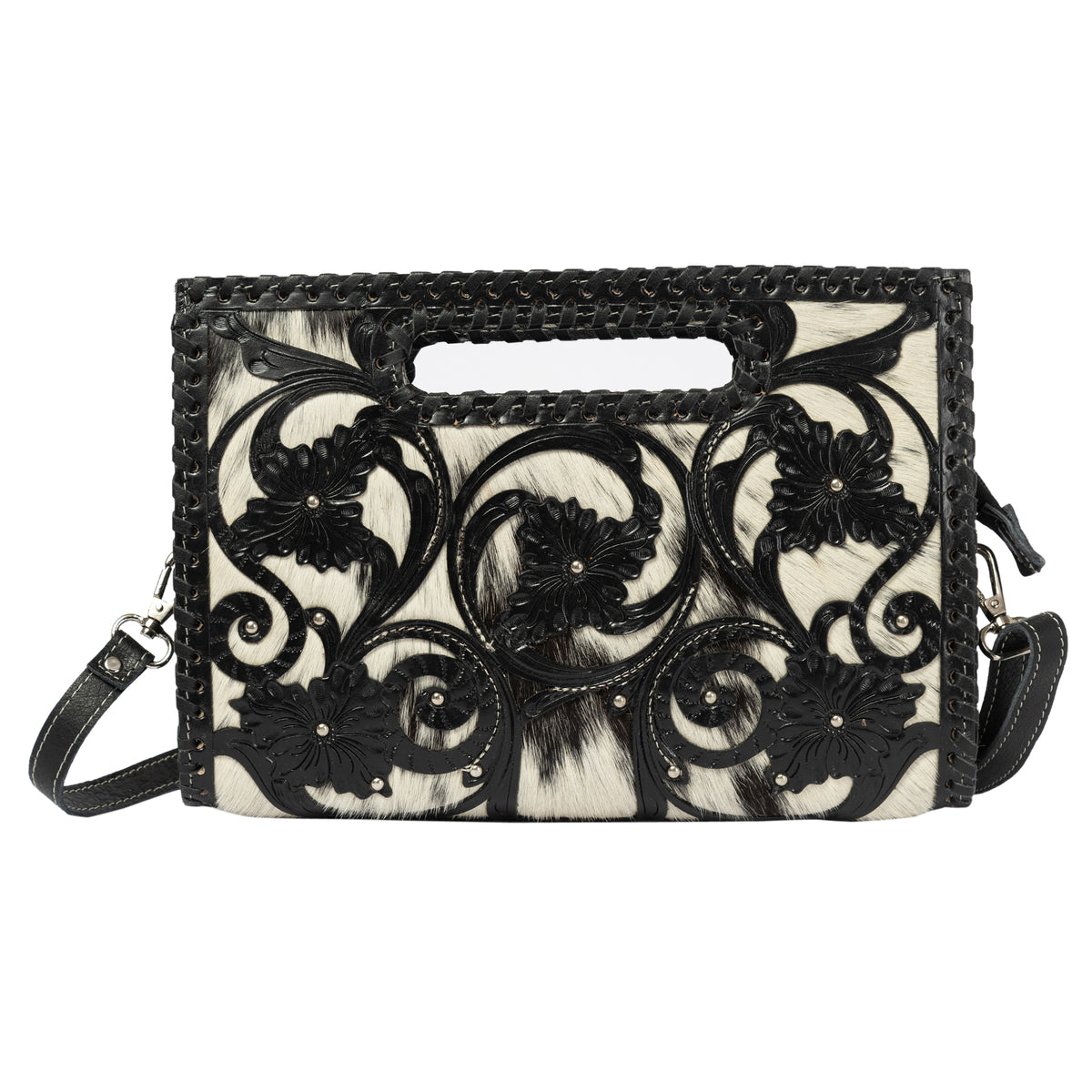 Black floral embroidery clutch bag on a white background