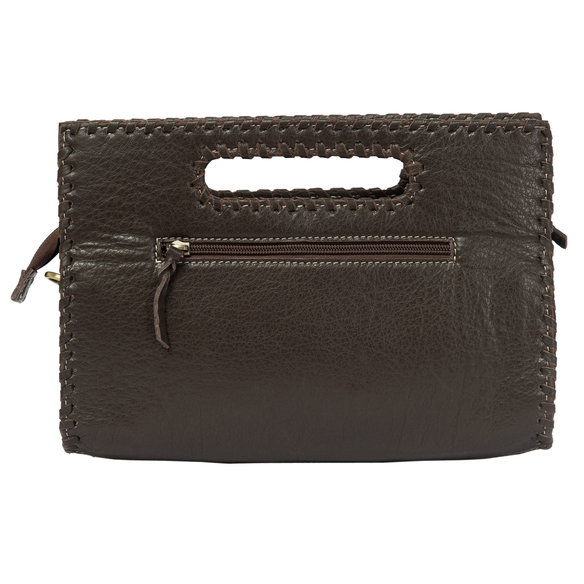 Brown leather clutch bag with braided handle on a white background