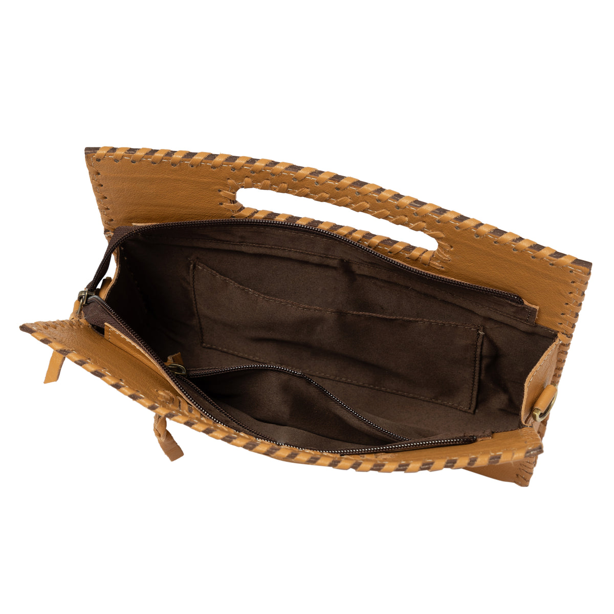 Brown leather clutch bag with open design on a white background