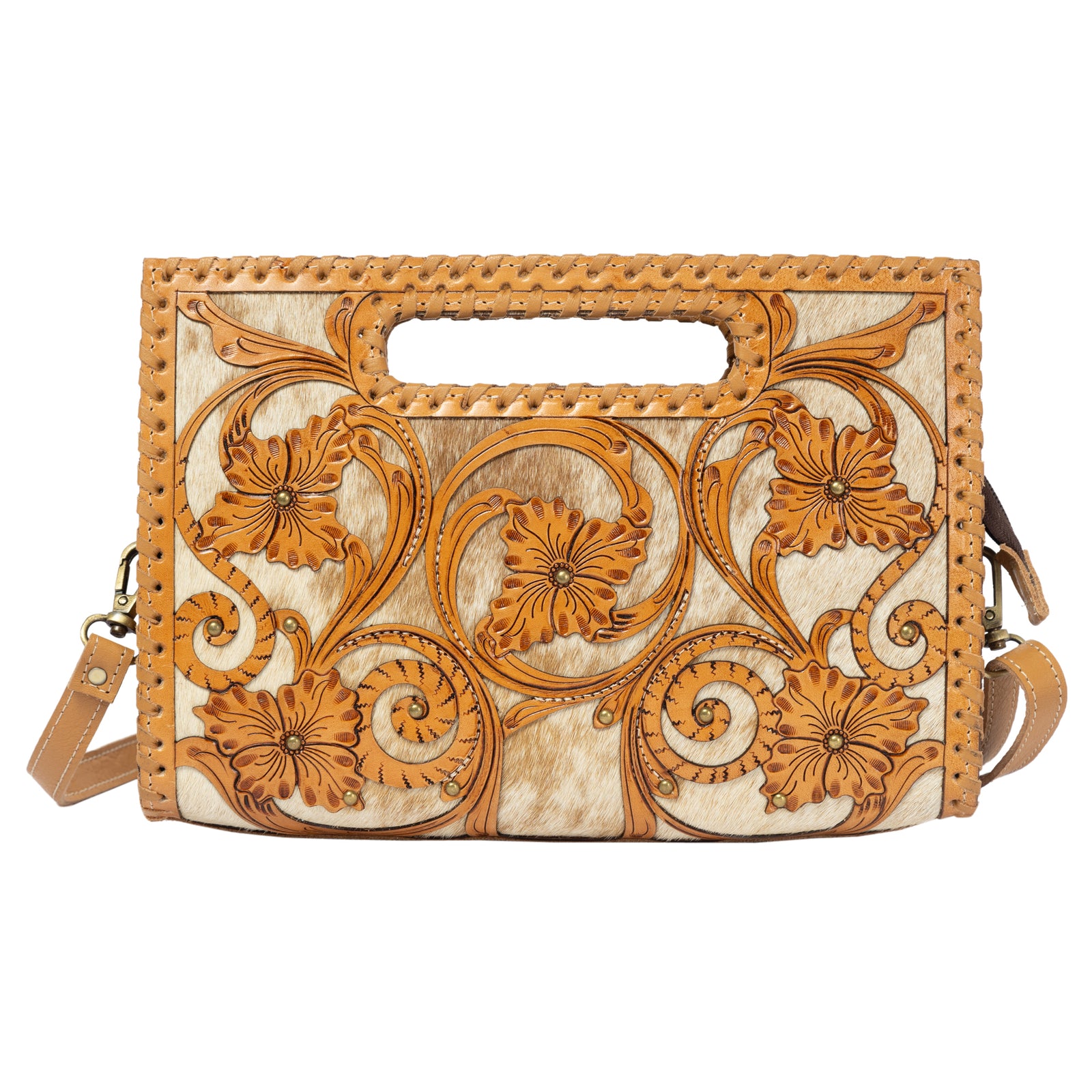 Handbag with floral patterns on a white background