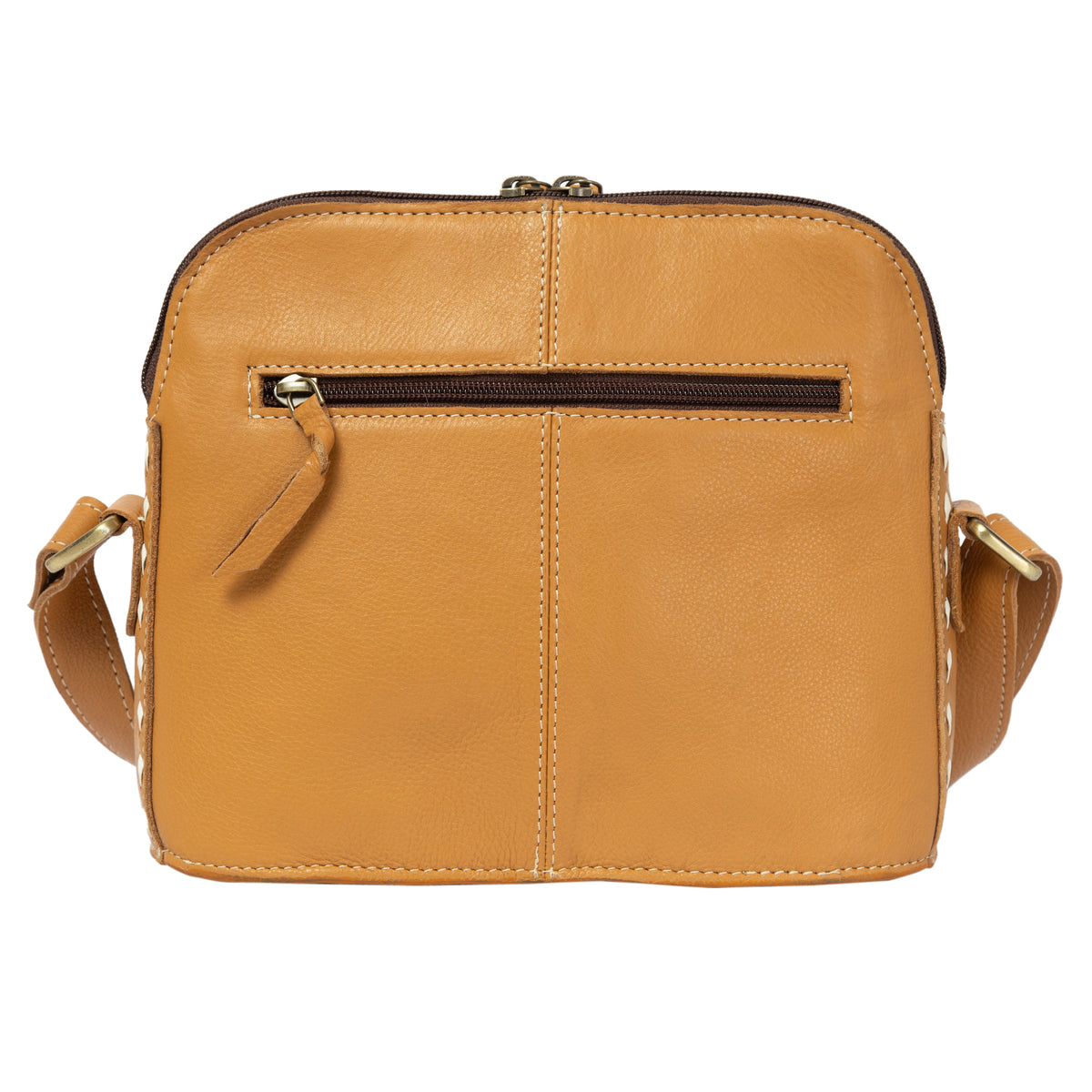 Tan leather crossbody bag on a white background