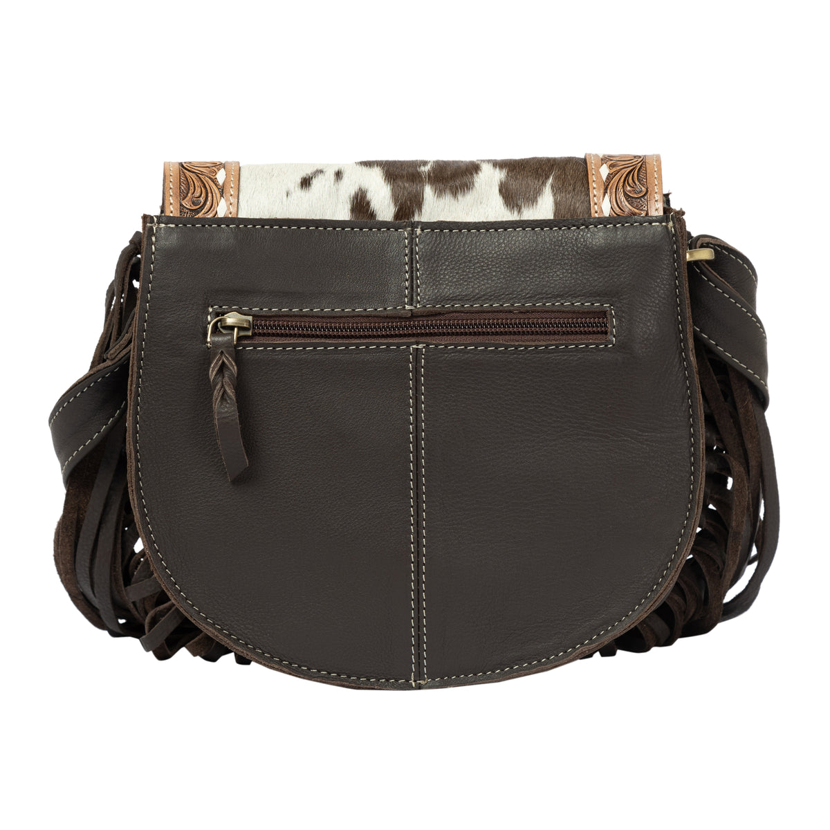 Brown leather handbag with cowhide pattern on a white background