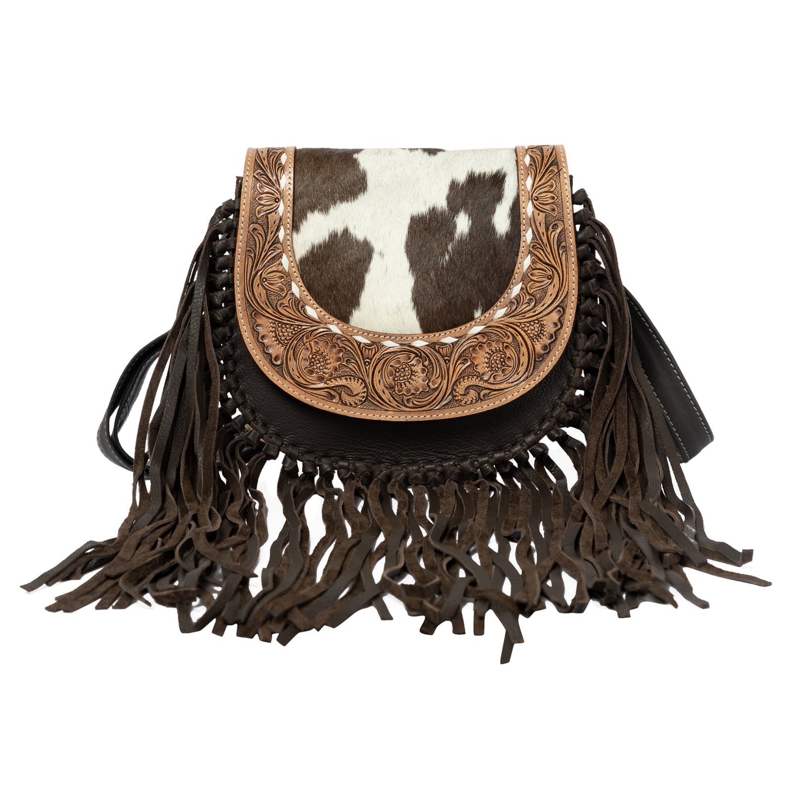 Cowhide leather handbag with fringe on a white background
