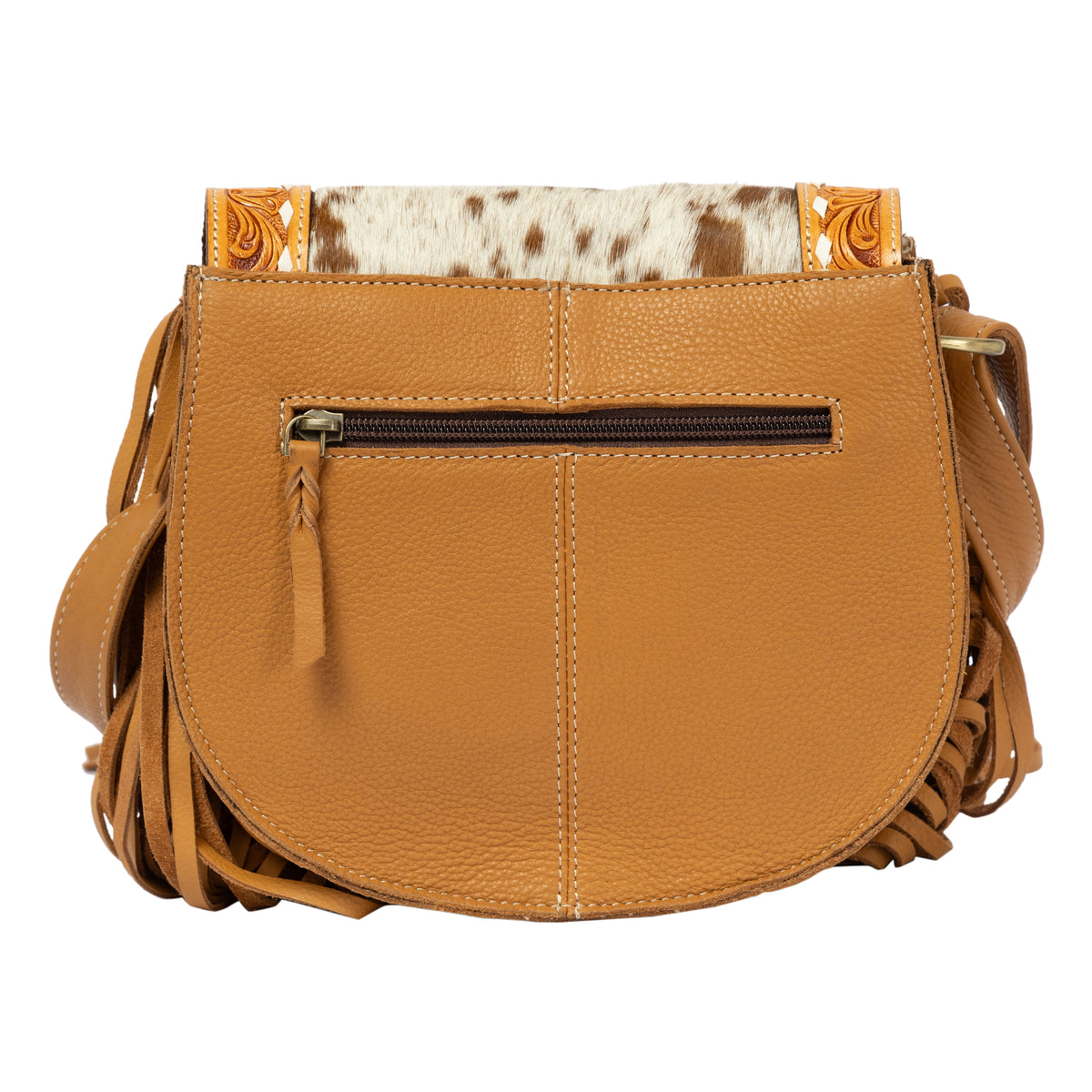 Brown leather handbag with fringe details on a white background