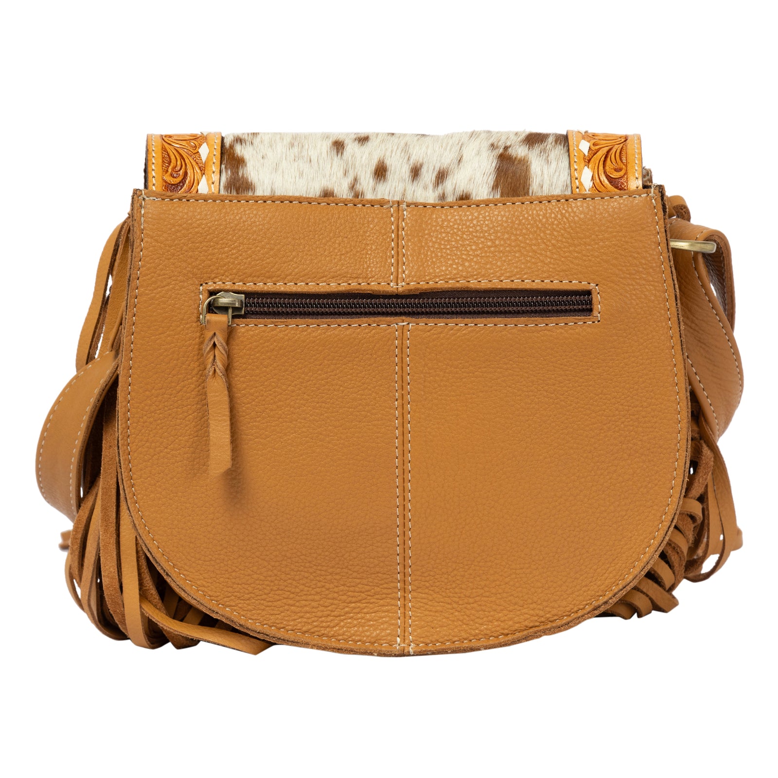Brown leather handbag with fringe and cowhide pattern on a white background