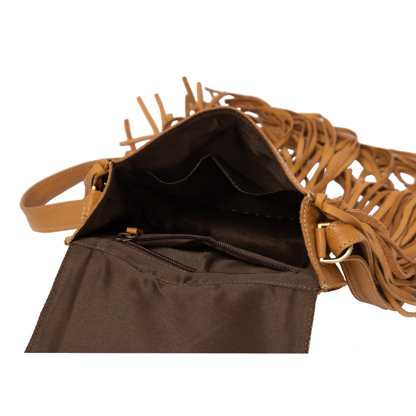 Brown handbag with a textured strap on a white background