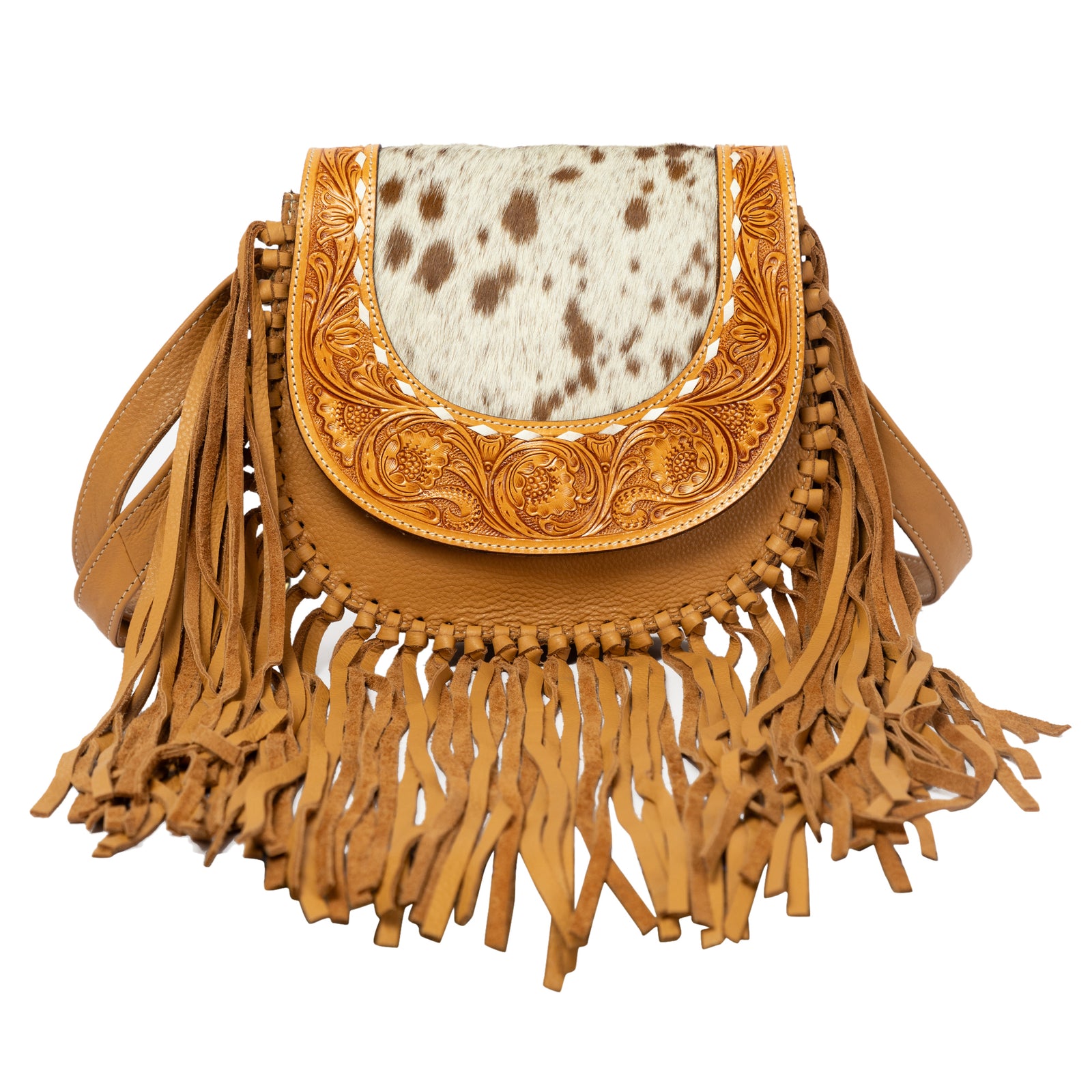 Brown leather handbag with fringe and cowhide pattern on a white background