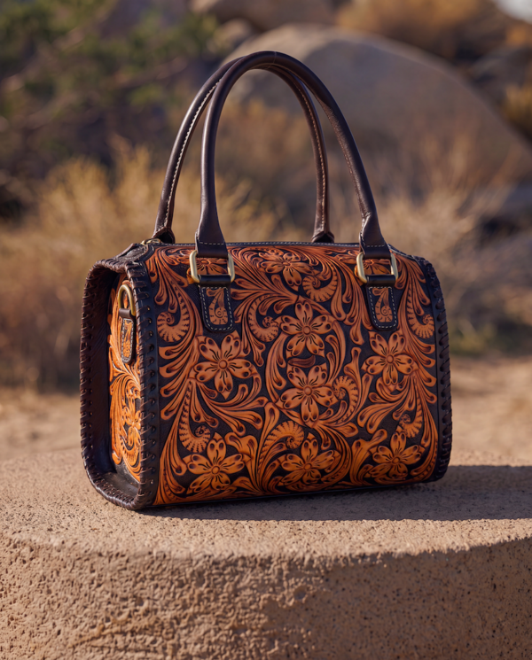 A tooled leather handbag with intricate floral carving in warm brown and dark brown tones, featuring dark brown leather handles and trim, displayed on a sandy surface with a blurred outdoor desert background.