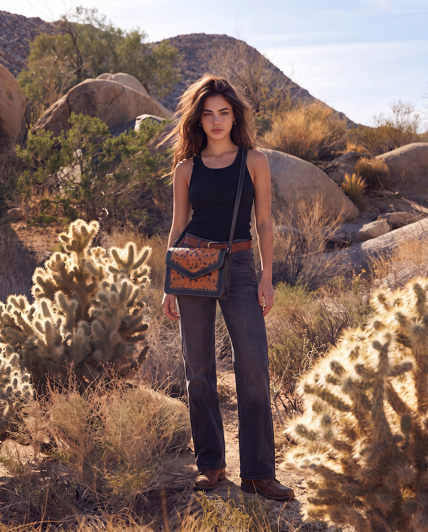 A woman stands in a desert landscape wearing a black tank top, dark gray jeans, and brown boots, carrying a brown leather crossbody bag with a patterned front pocket.