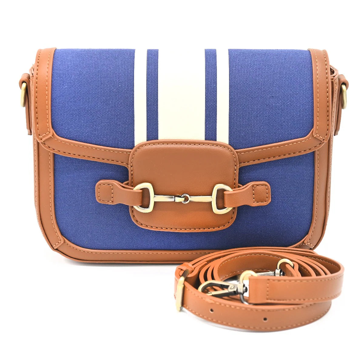 Bahamas Clutch Purse - Navy. Blue and brown crossbody bag with a strap on a white background