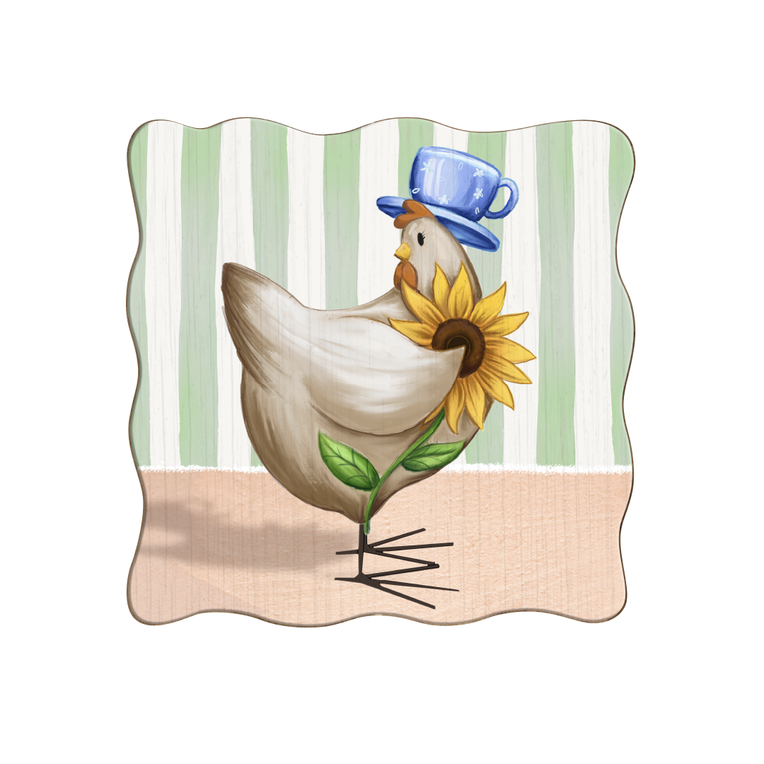 Decorative plate with a chicken holding a sunflower and wearing a blue top hat on a striped background.