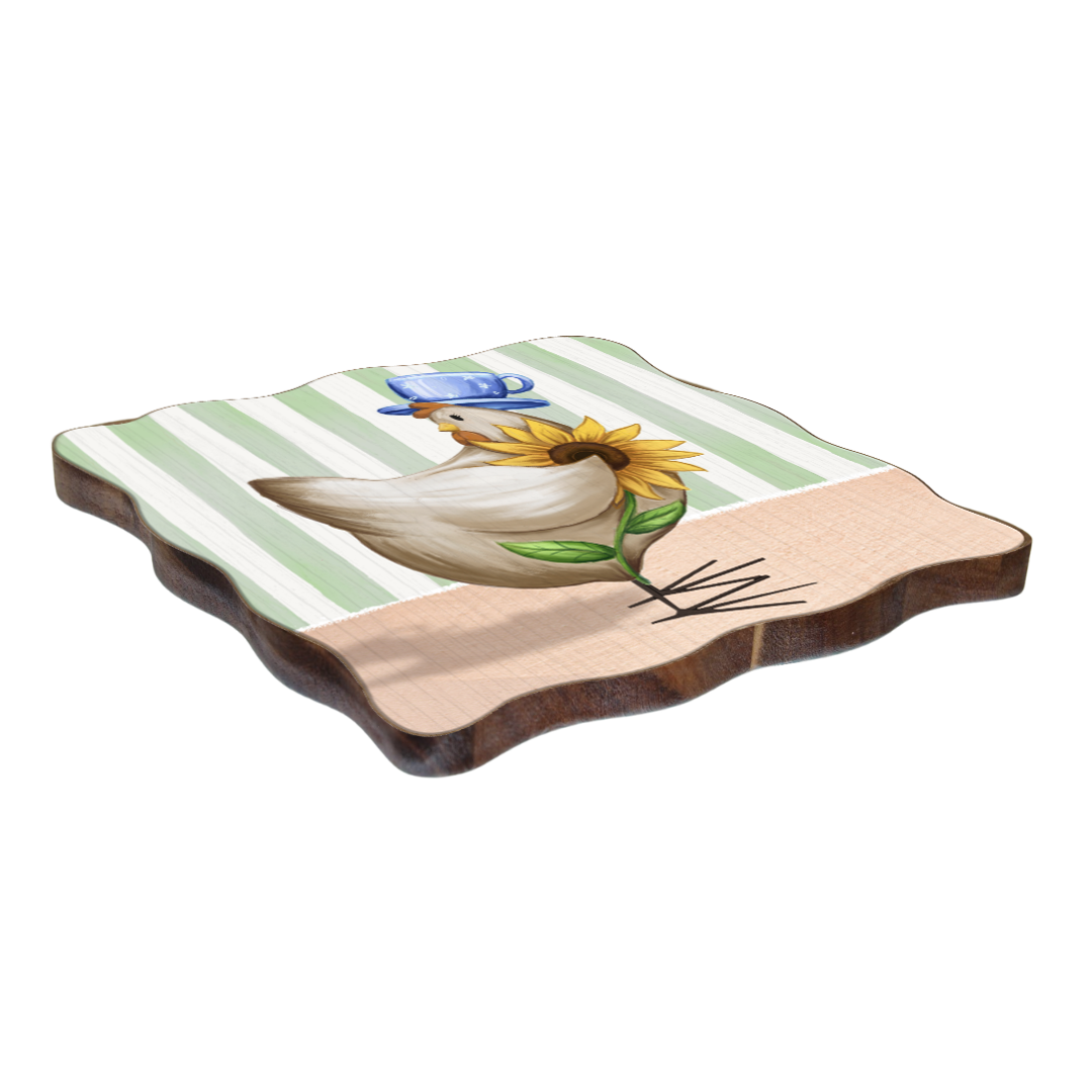 Wooden cutting board with a sunflower design on a white background