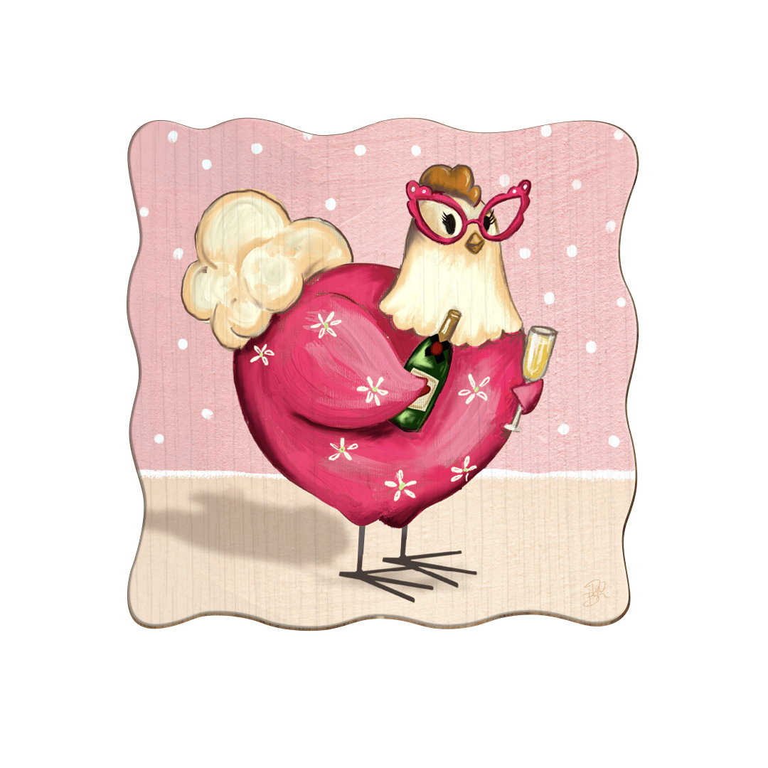 Cartoon chicken in a pink dress with a bottle and glass on a polka dot background