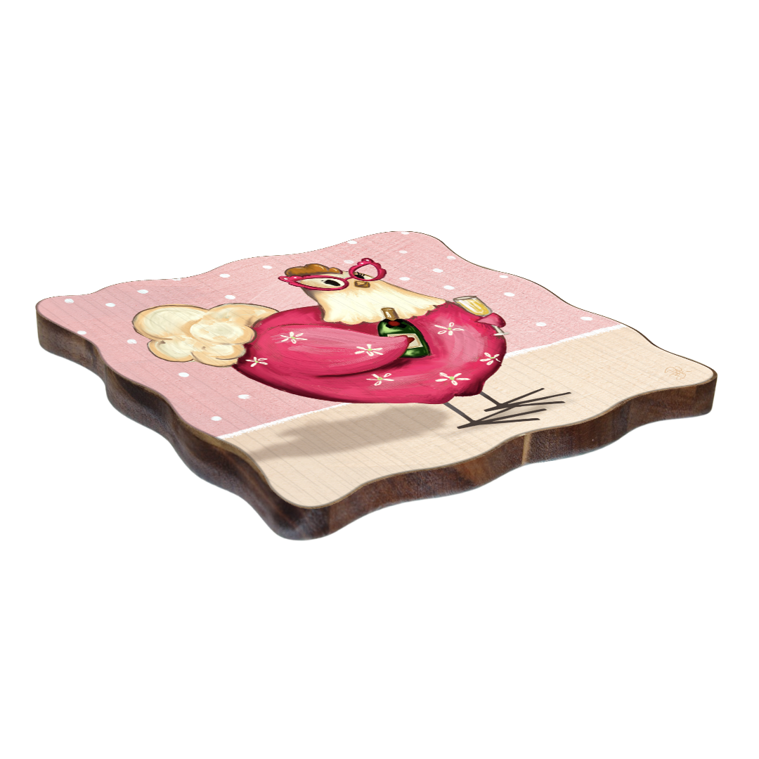 Wooden coaster with a cartoon character on a pink background