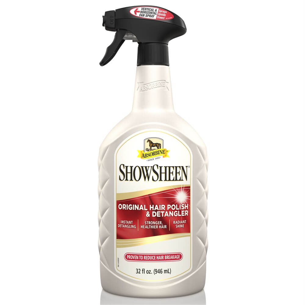 Absorbine Showsheen Hair Polish. A bottle of Absorbine ShowSheen Original Hair Polish & Detangler with a spray pump. The label is predominantly white with red and black text and a picture of a horse.